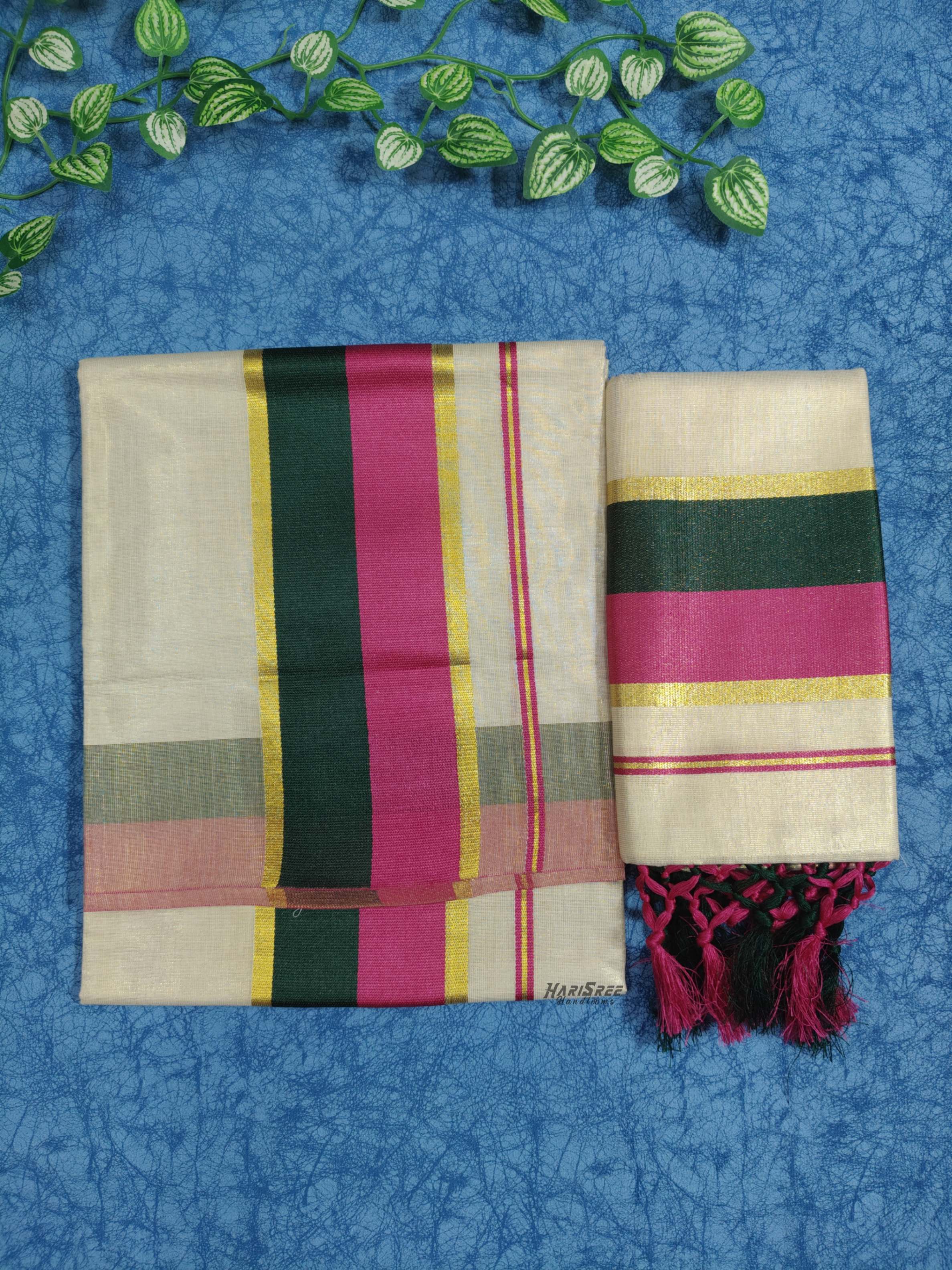 Tissue Double Colour Set Mundu With Kunjalam - KMT102 - Image 5