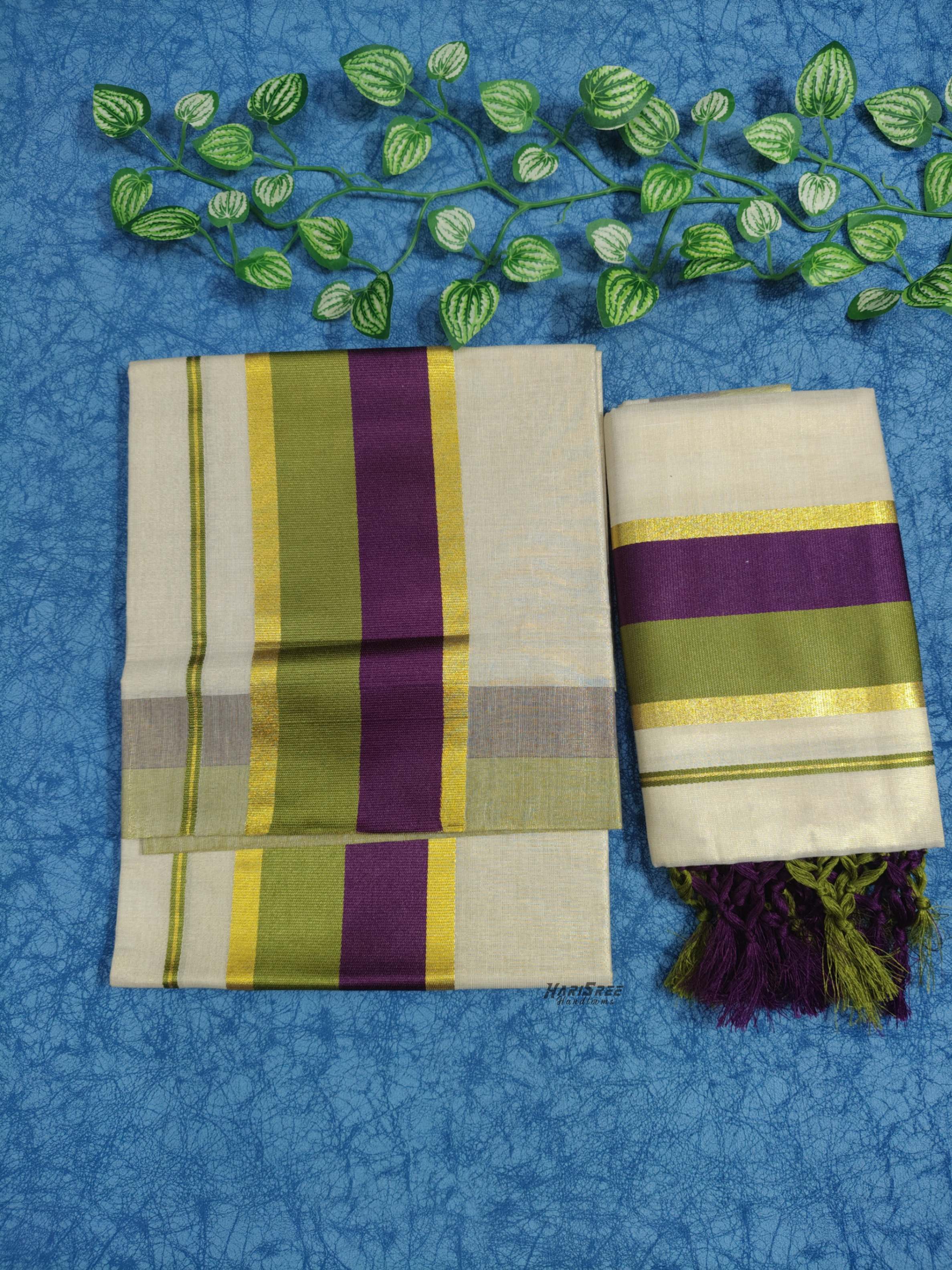 Tissue Double Colour Set Mundu With Kunjalam - KMT102 - Image 6