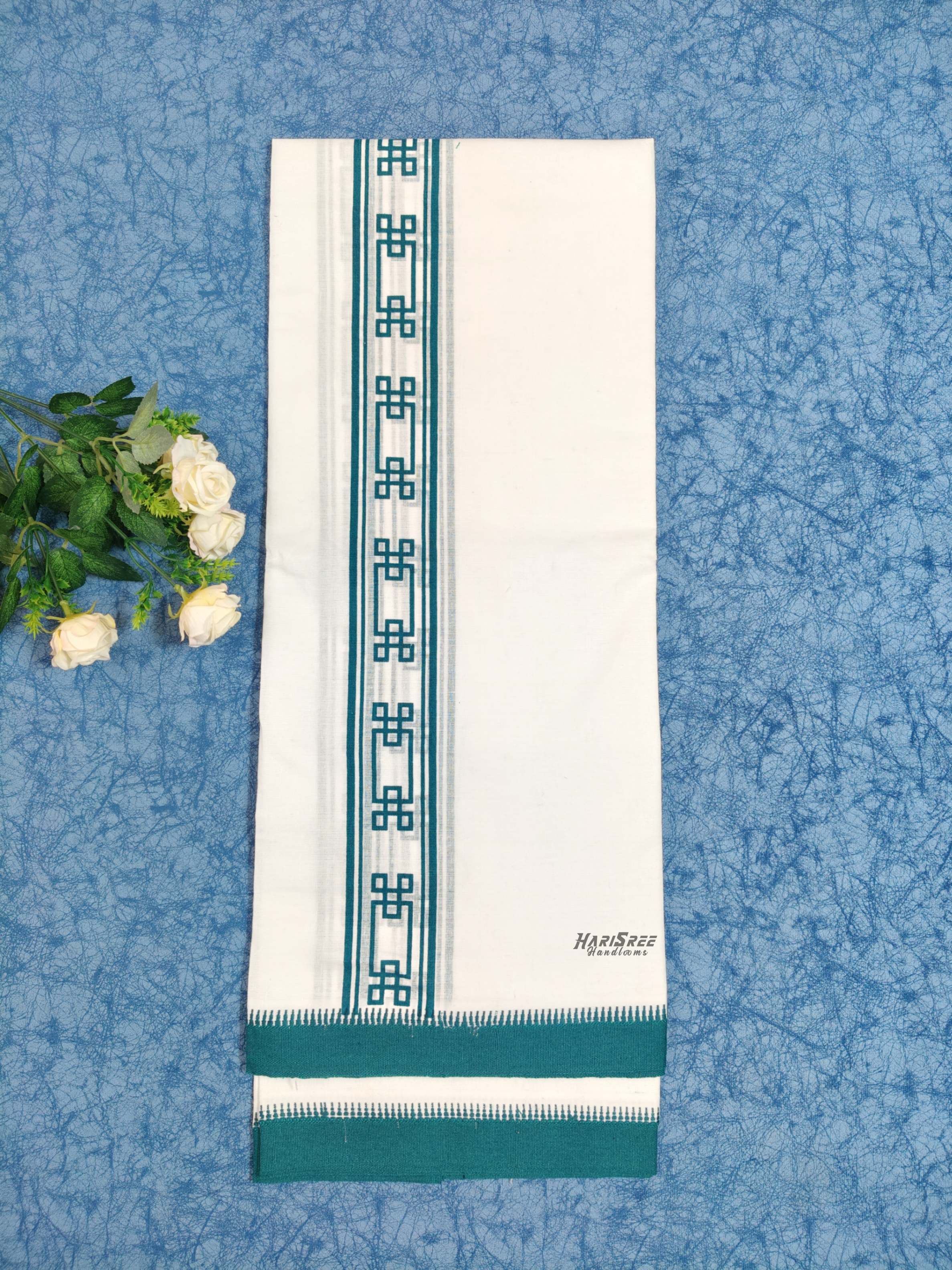 Cotton Single Mundu Peacock Blue Colour Printed Desigin - HS6003