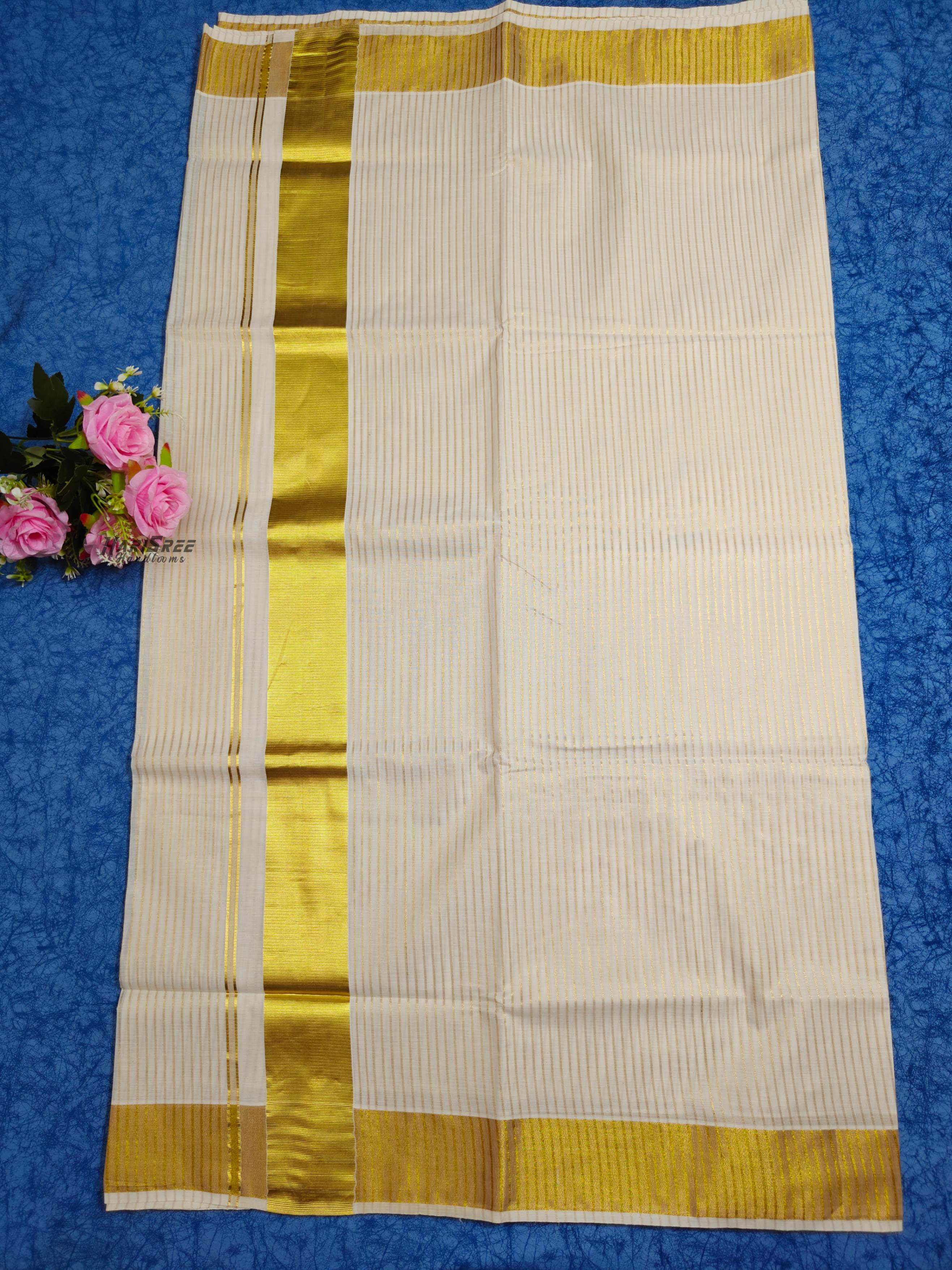 Pure Cotton Kasavu Lines Kerala Saree - PMH101 - Image 3