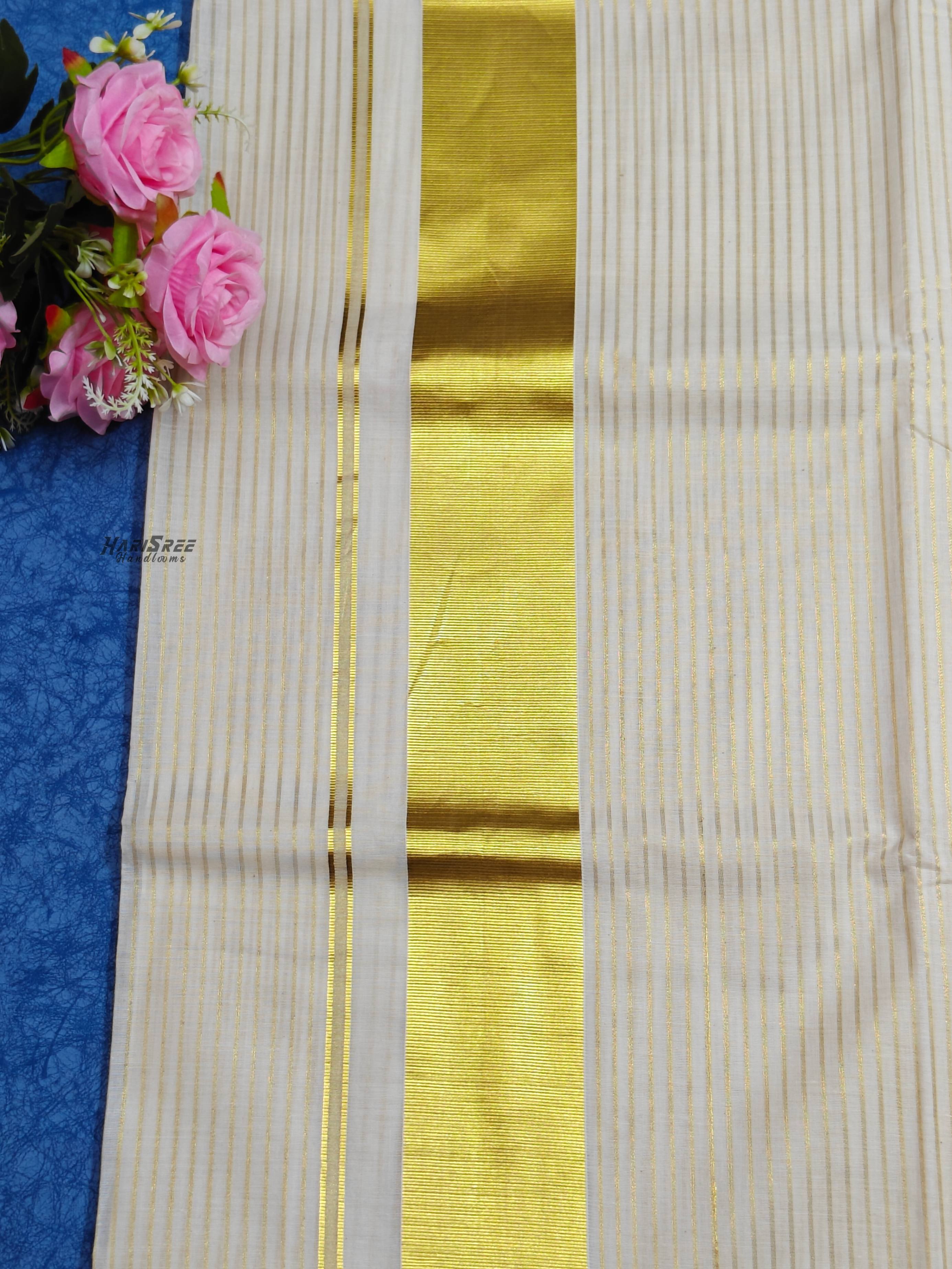 Pure Cotton Kasavu Lines Kerala Saree - PMH101 - Image 4