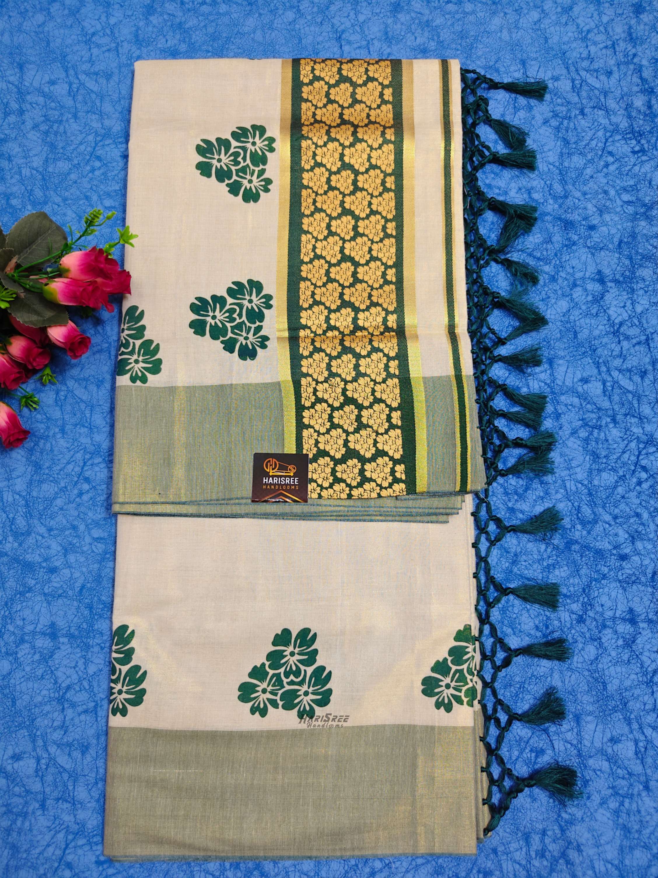 Tissue Green Colour Flower Printed Kerala Saree - TT101