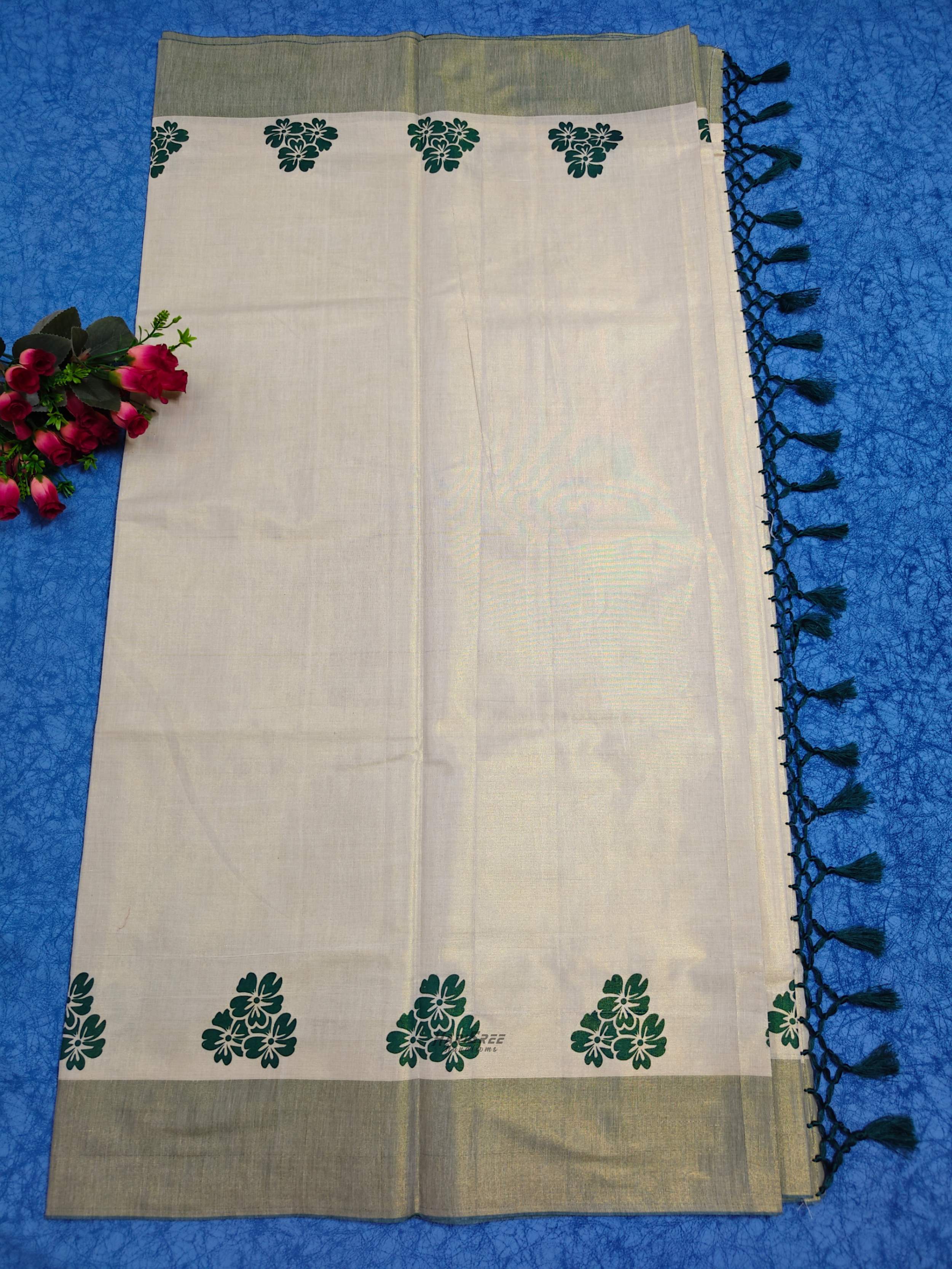 Tissue Green Colour Flower Printed Kerala Saree - TT101 - Image 2