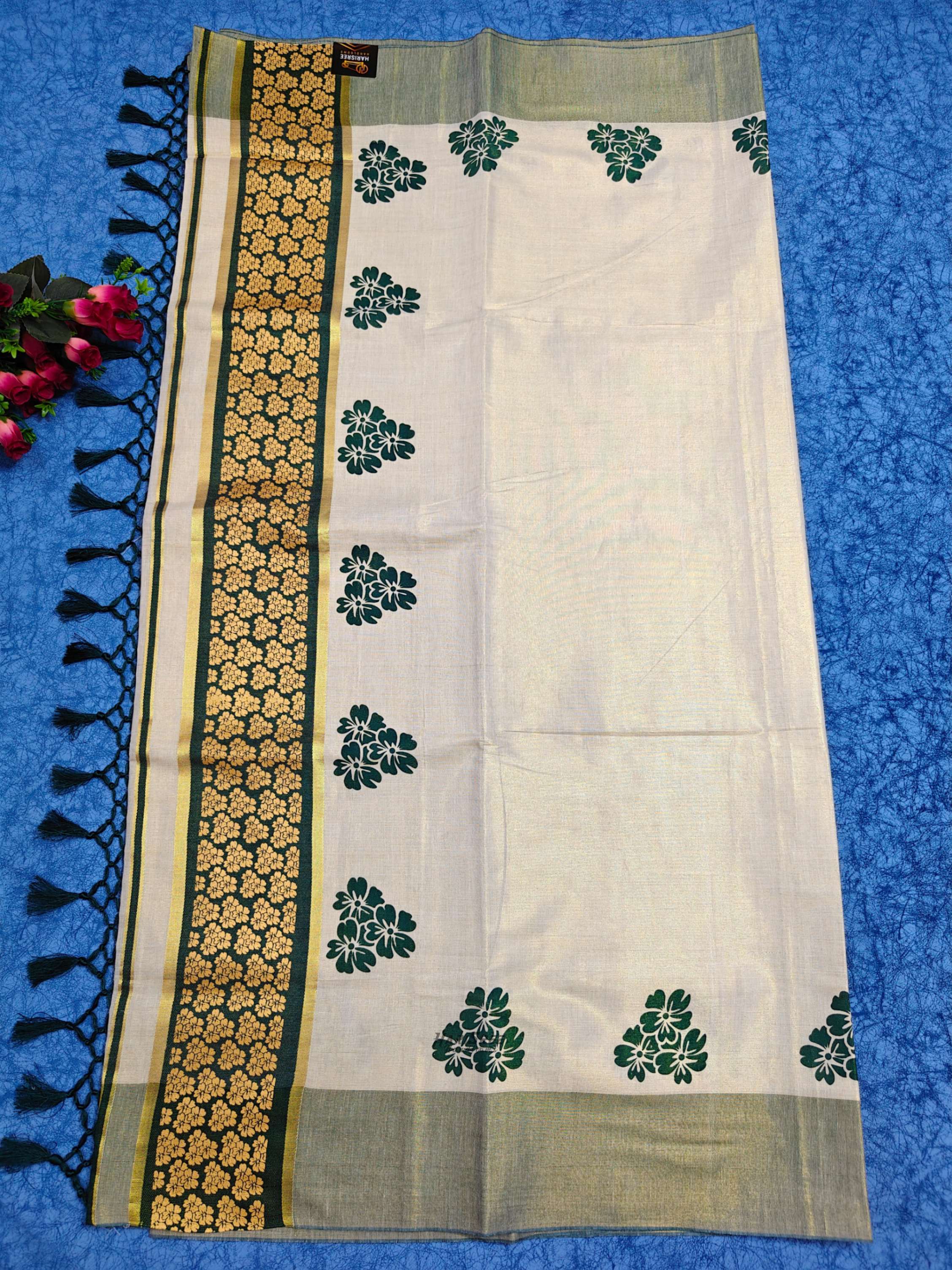 Tissue Green Colour Flower Printed Kerala Saree - TT101 - Image 3