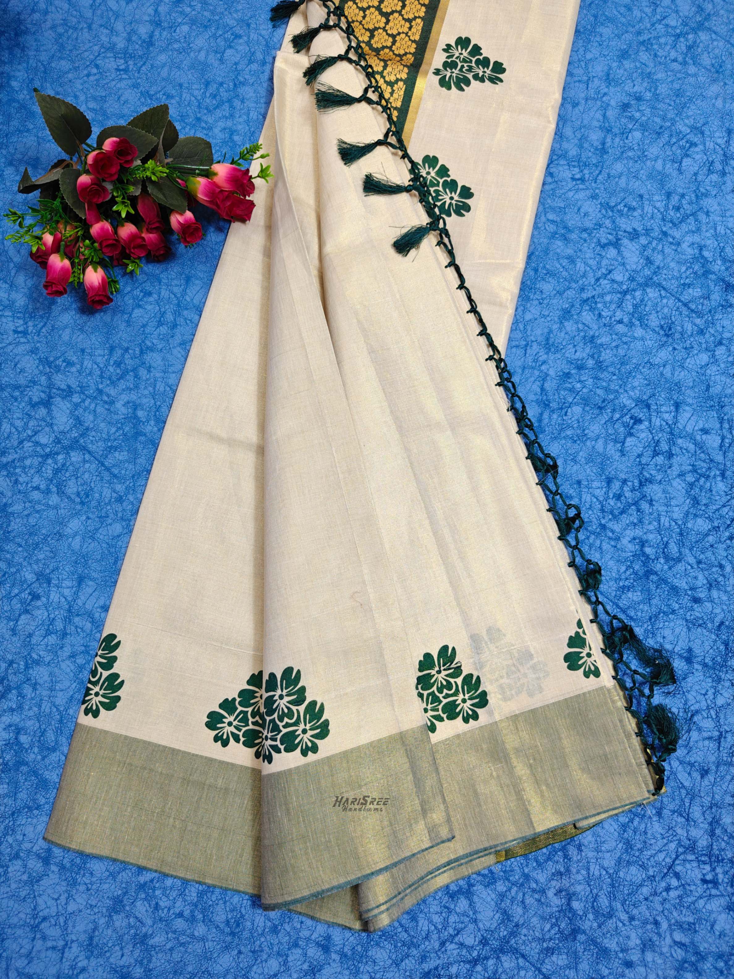 Tissue Green Colour Flower Printed Kerala Saree - TT101 - Image 4