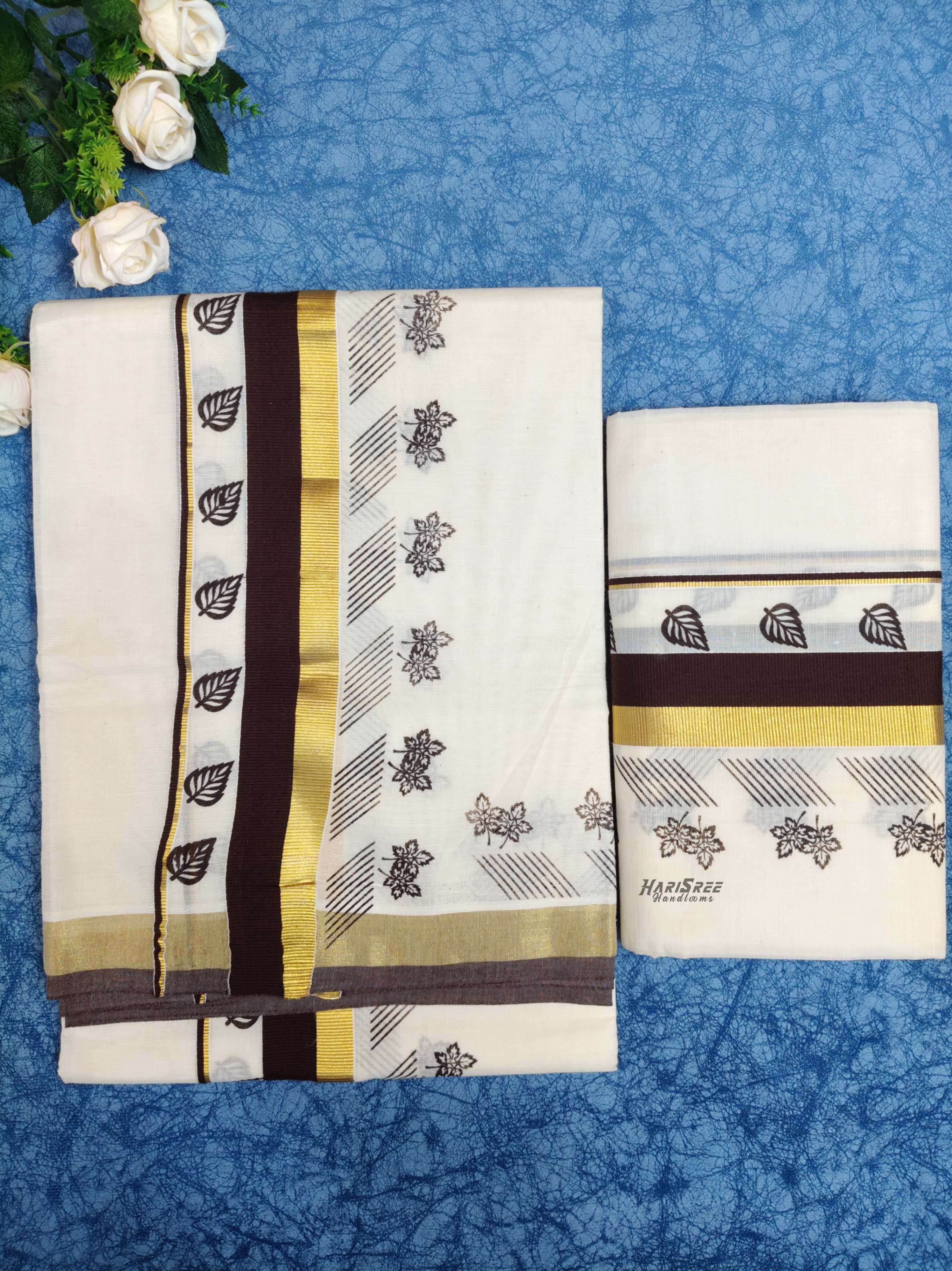 2inch Color & Kasavu printed Set Mundu - HS2005