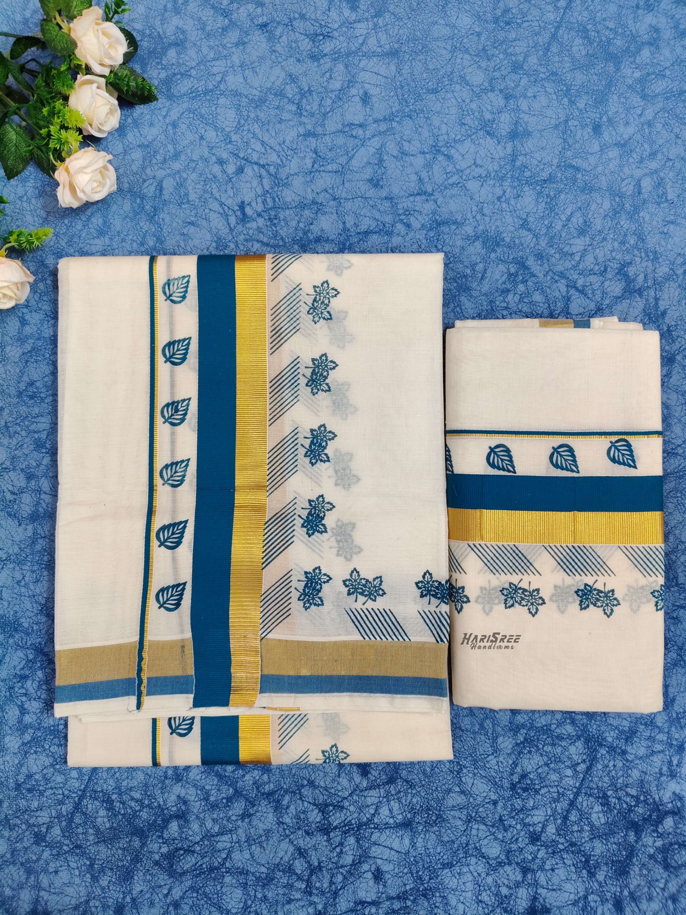 2inch Color & Kasavu printed Set Mundu - HS2005 - Image 3