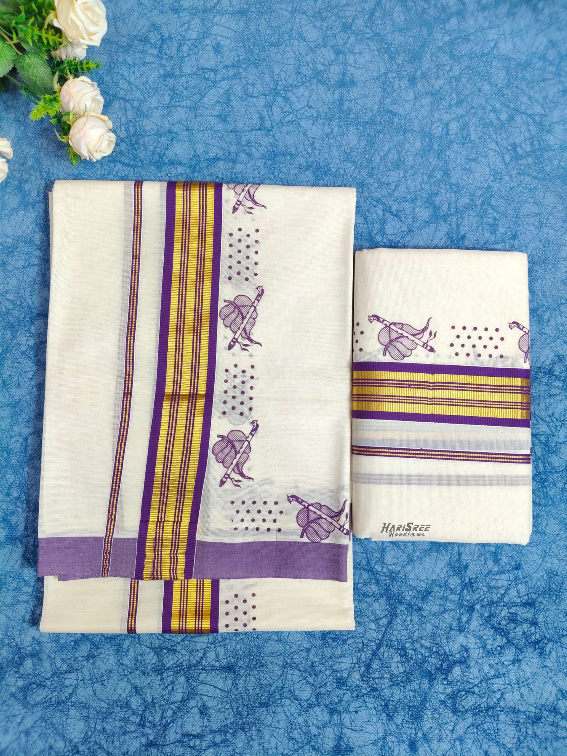 kerala traditional kerala Purple Color printed  Set mundu - HS2006