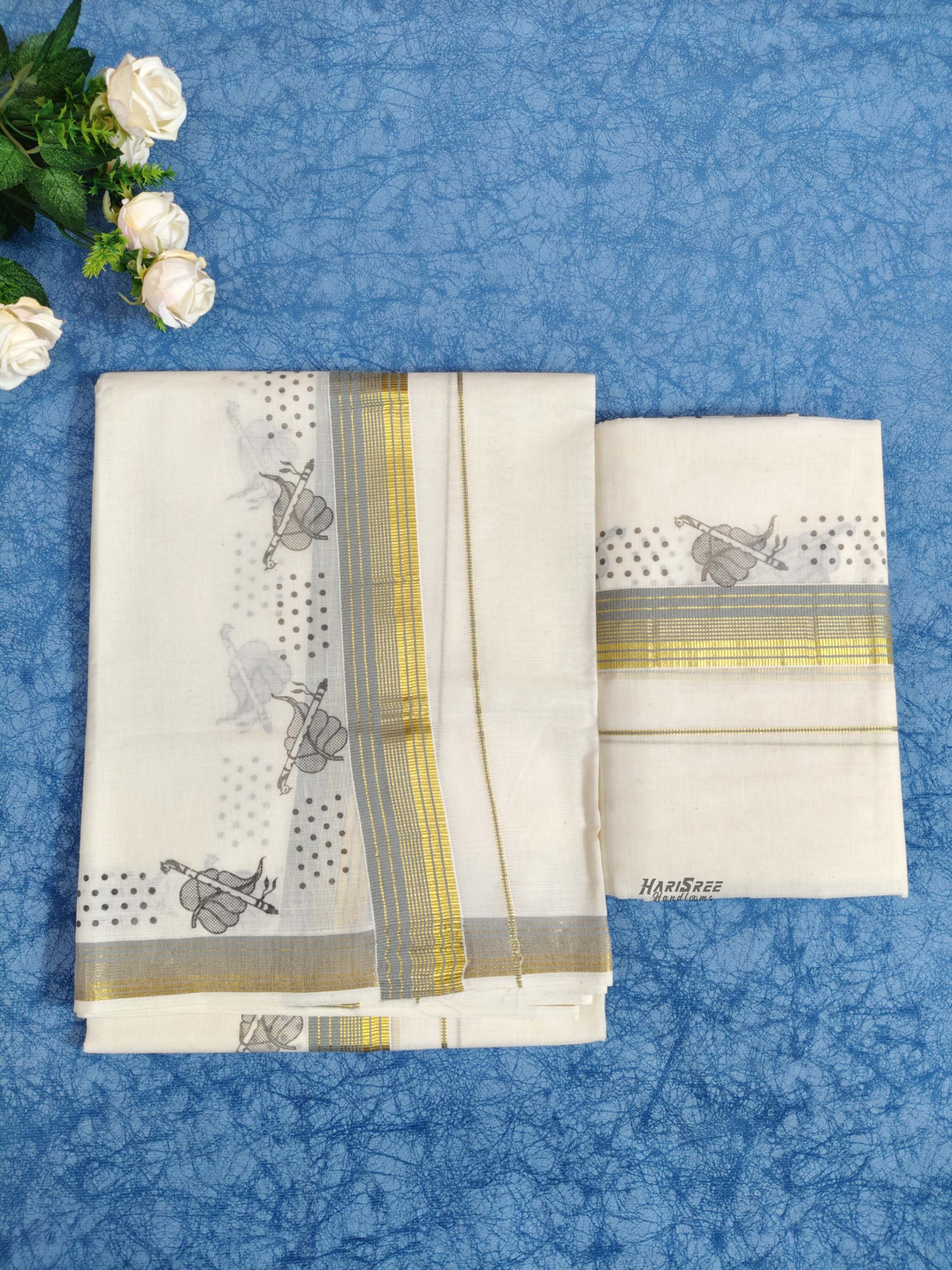 kerala traditional kerala Gray Color printed  Set mundu - HS2007