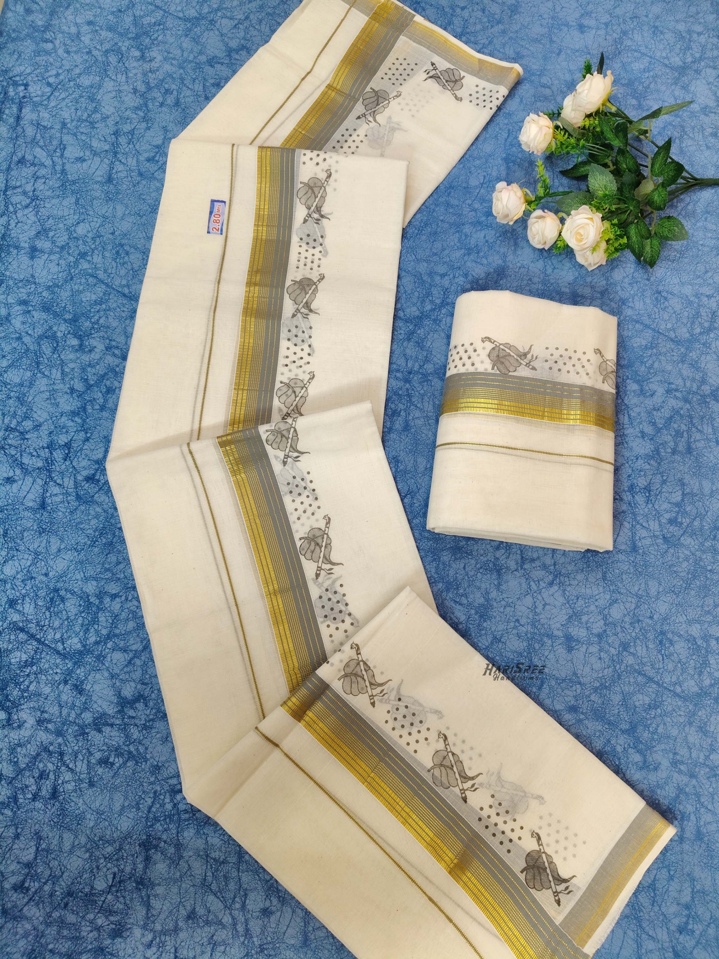 kerala traditional kerala Gray Color printed  Set mundu - HS2007 - Image 3