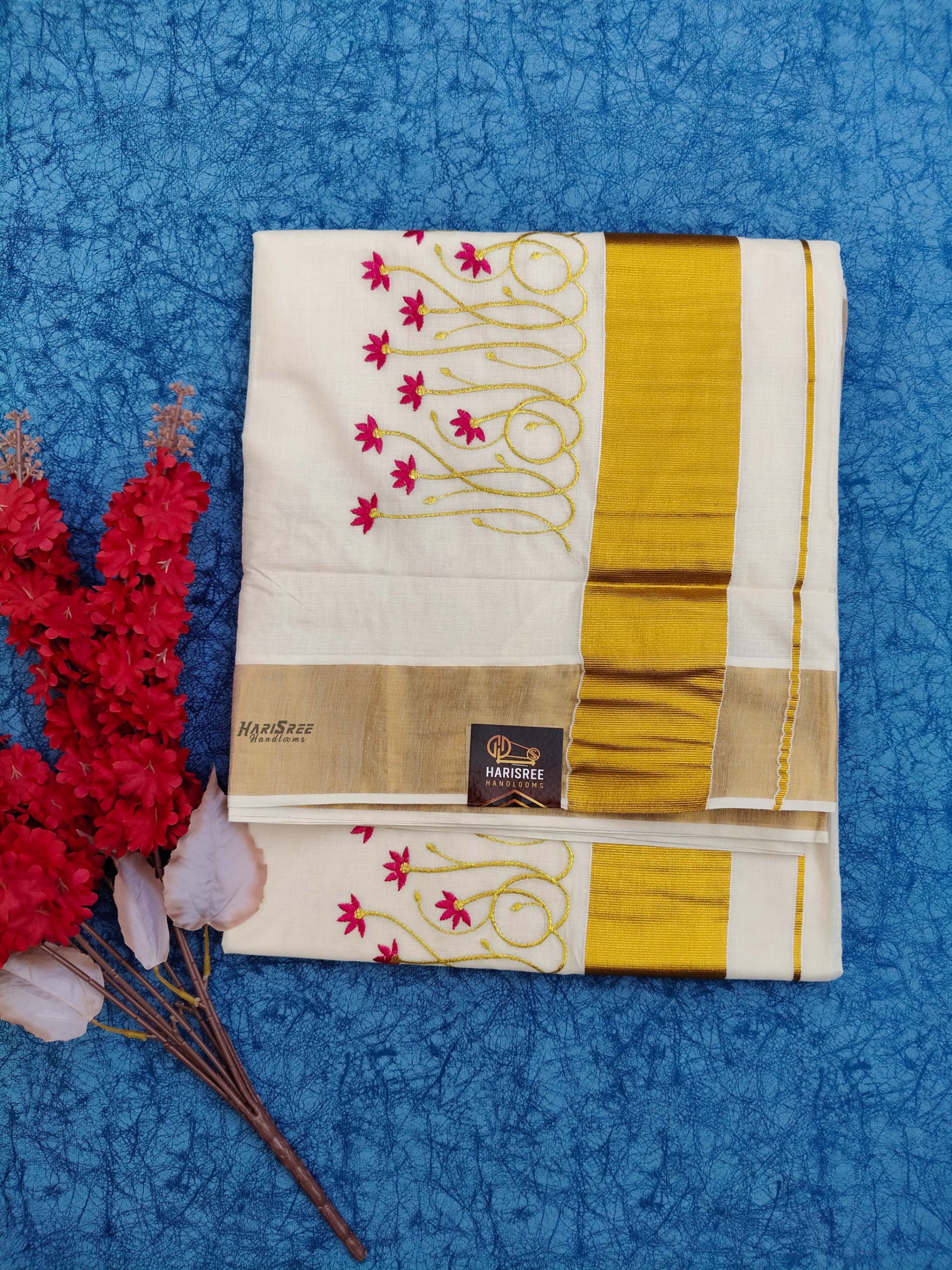 3x3 cotton Lotus Embroidery Kerala Saree - KT103