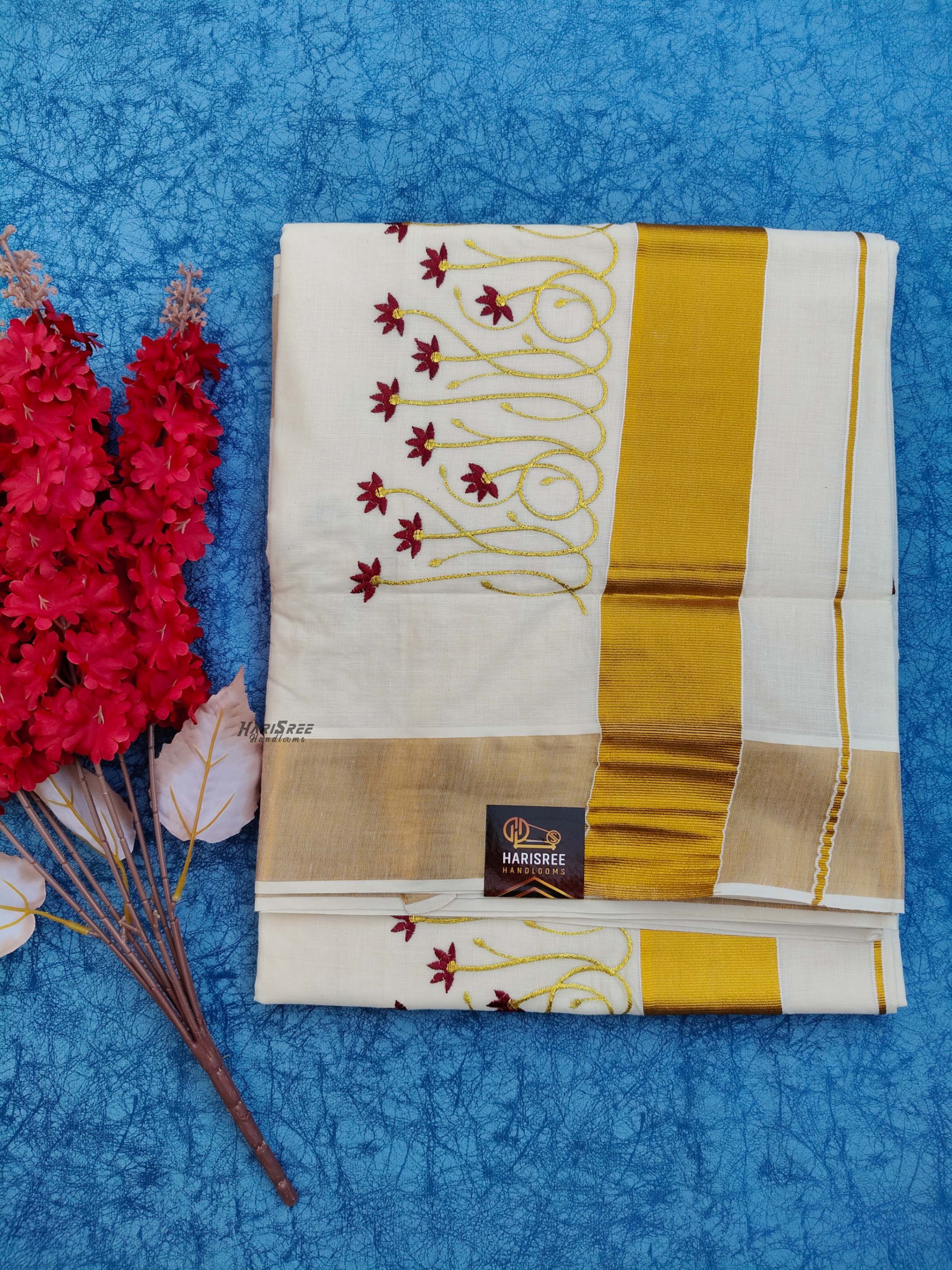 3x3 cotton Lotus Embroidery Kerala Saree - KT103 - Image 3