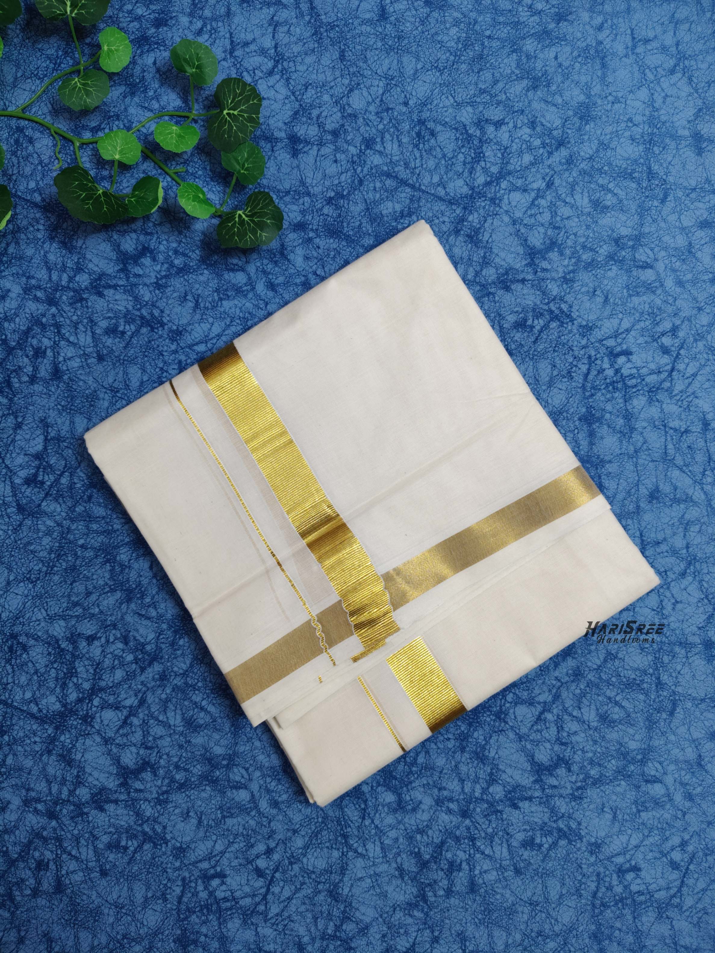 Cotton 1 inch Golden Kasavu Double Mundu - VK102 - Image 4