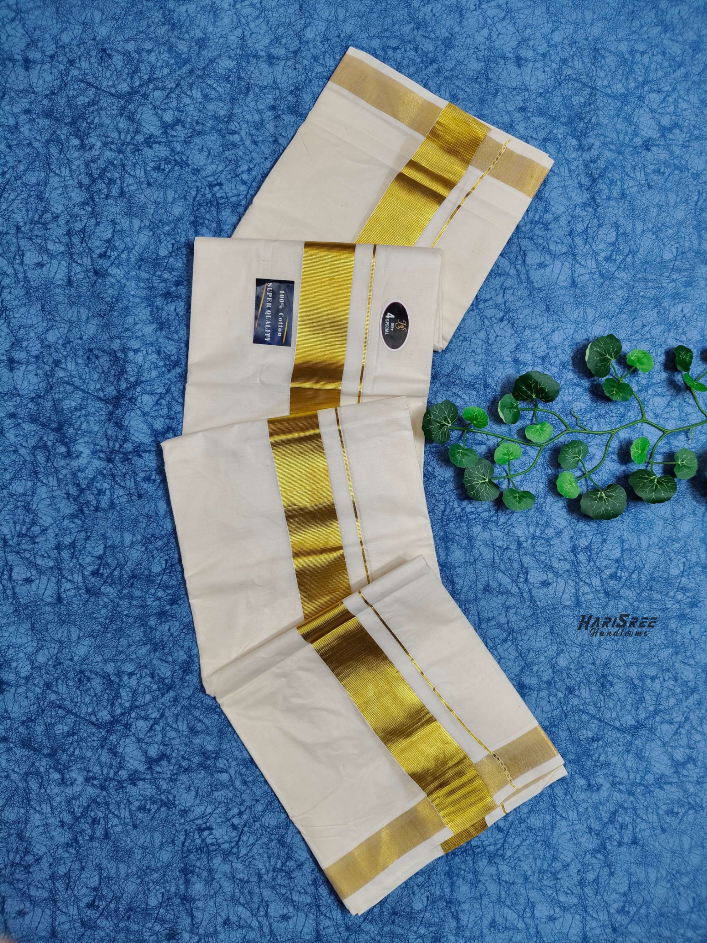 Cotton 2 inch Golden Kasavu Double Mundu - VK103 - Image 3