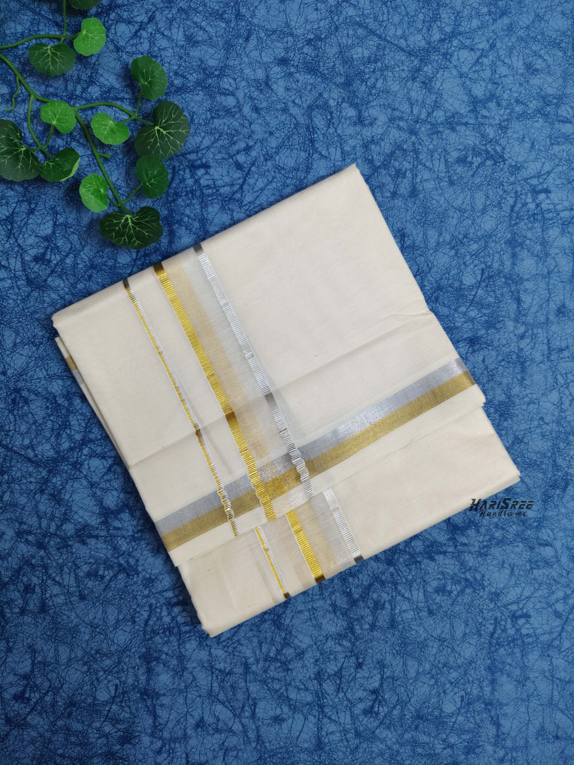 Cotton 1*1/2 inch Fancy Golden & silver Kasavu Double Mundu - VK104