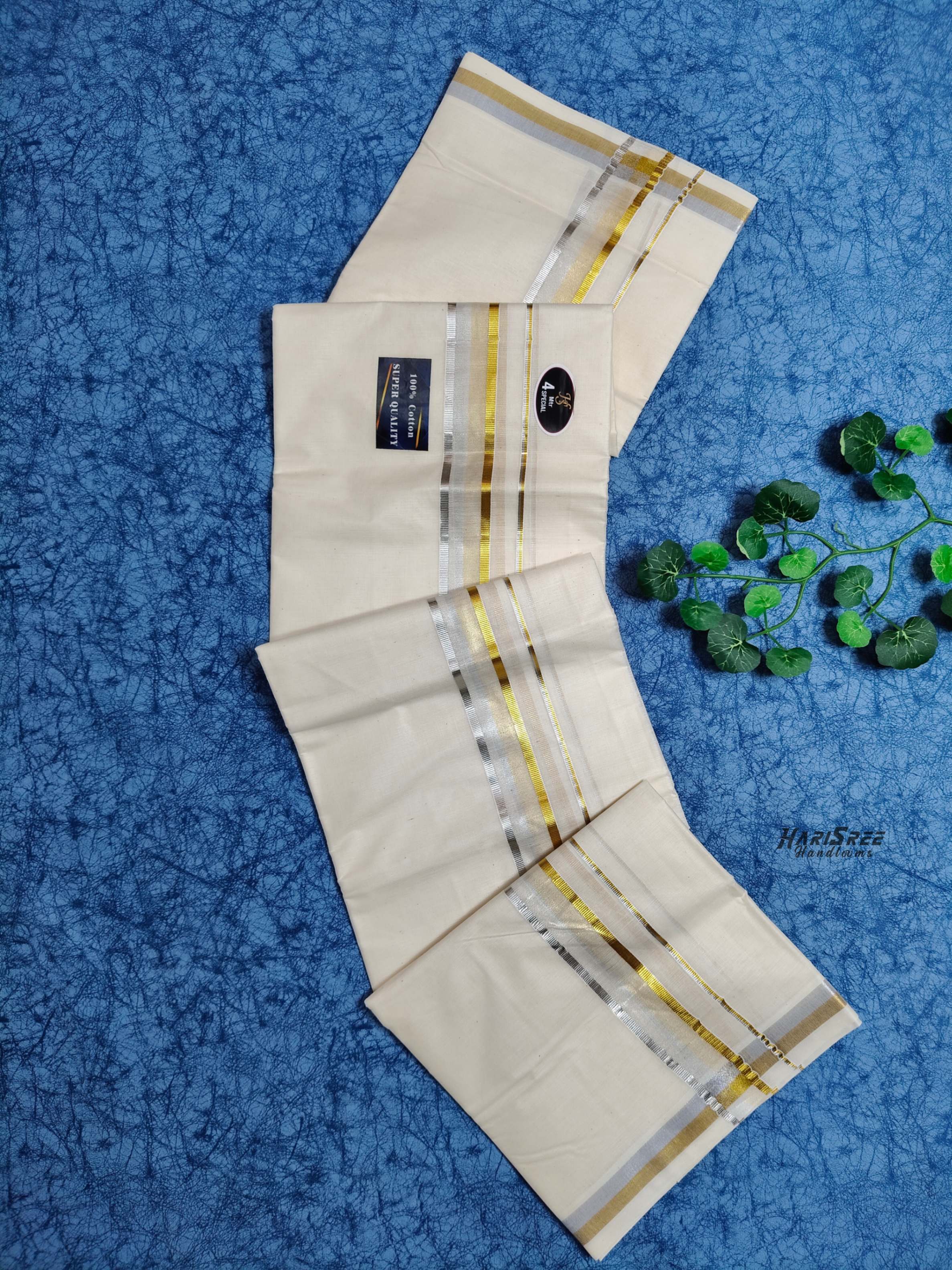 Cotton 1*1/2 inch Fancy Golden & silver Kasavu Double Mundu - VK104 - Image 4