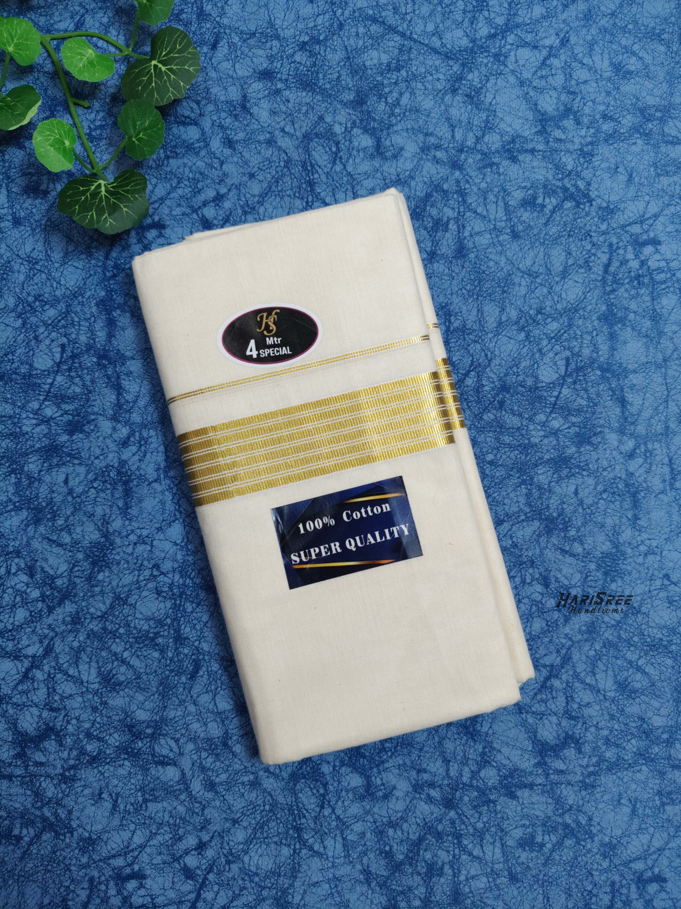 Cotton 1*1/2 inch Fancy Golden Kasavu Double Mundu - VK105