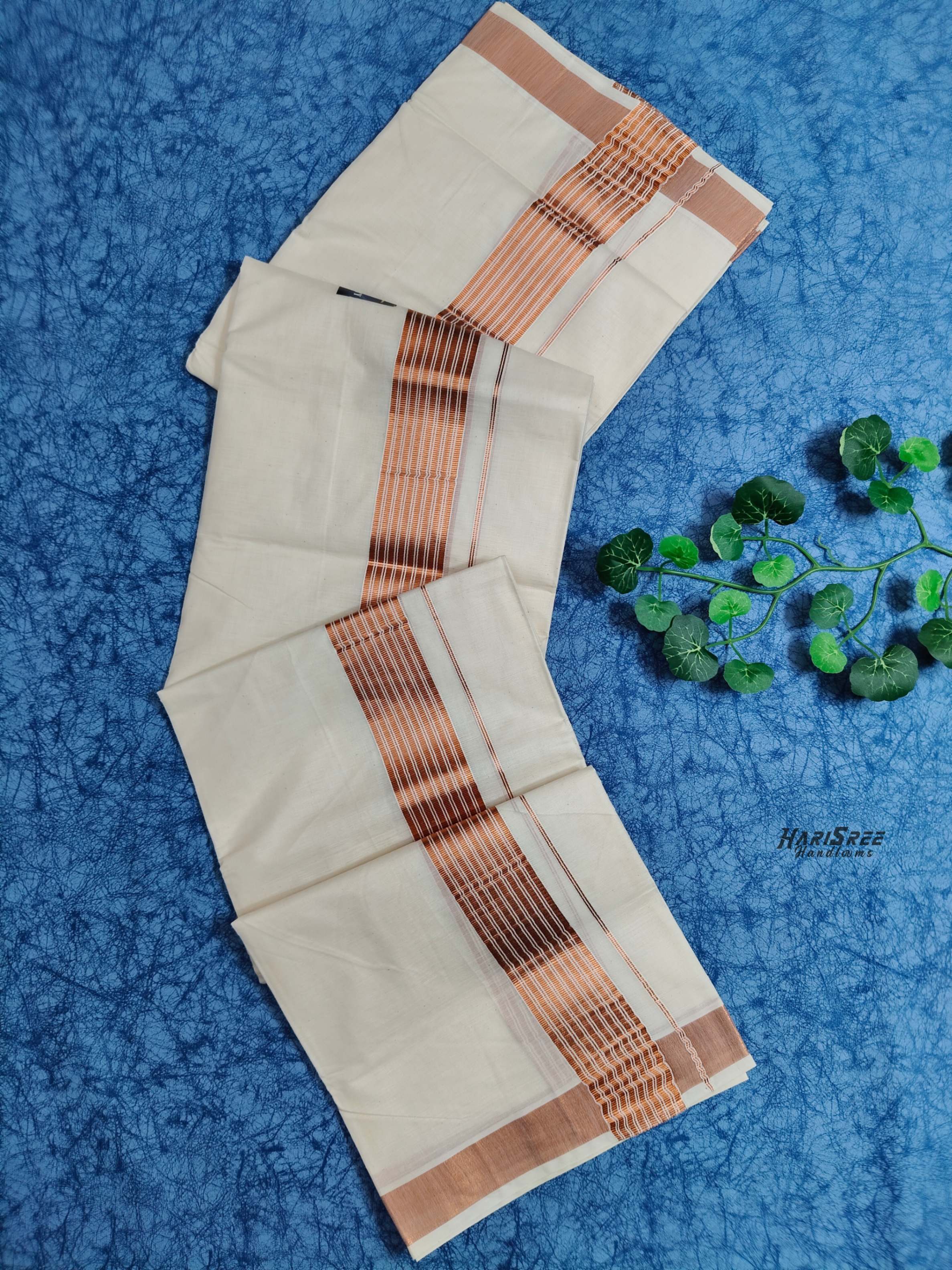 Pure Cotton 2 inch Copper Kasavu Fancy Double Mundu - VK106 - Image 4