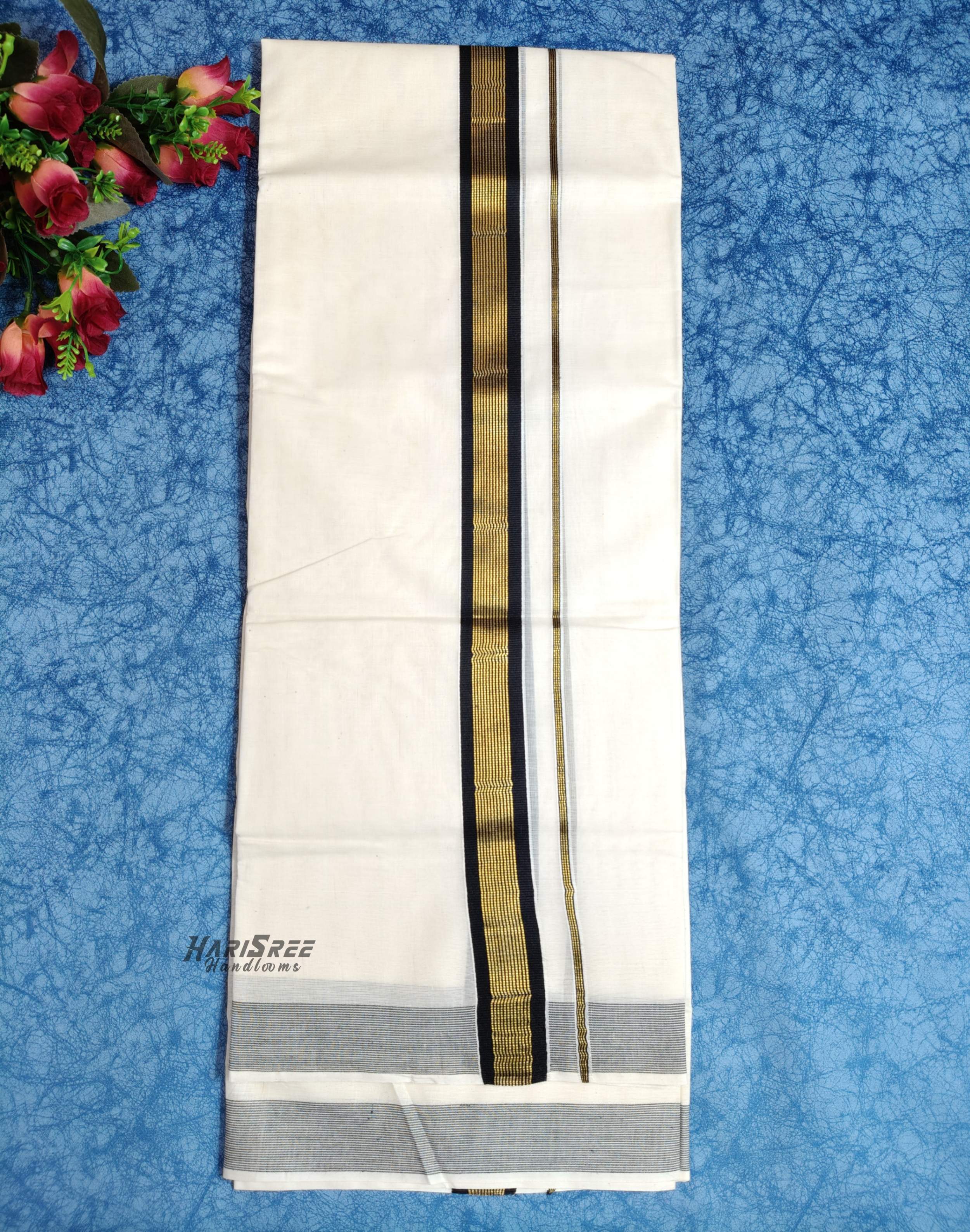Cotton 1*1/2 Inch Black Colour & Gold Kasavu Kara Double Mundu - VK107