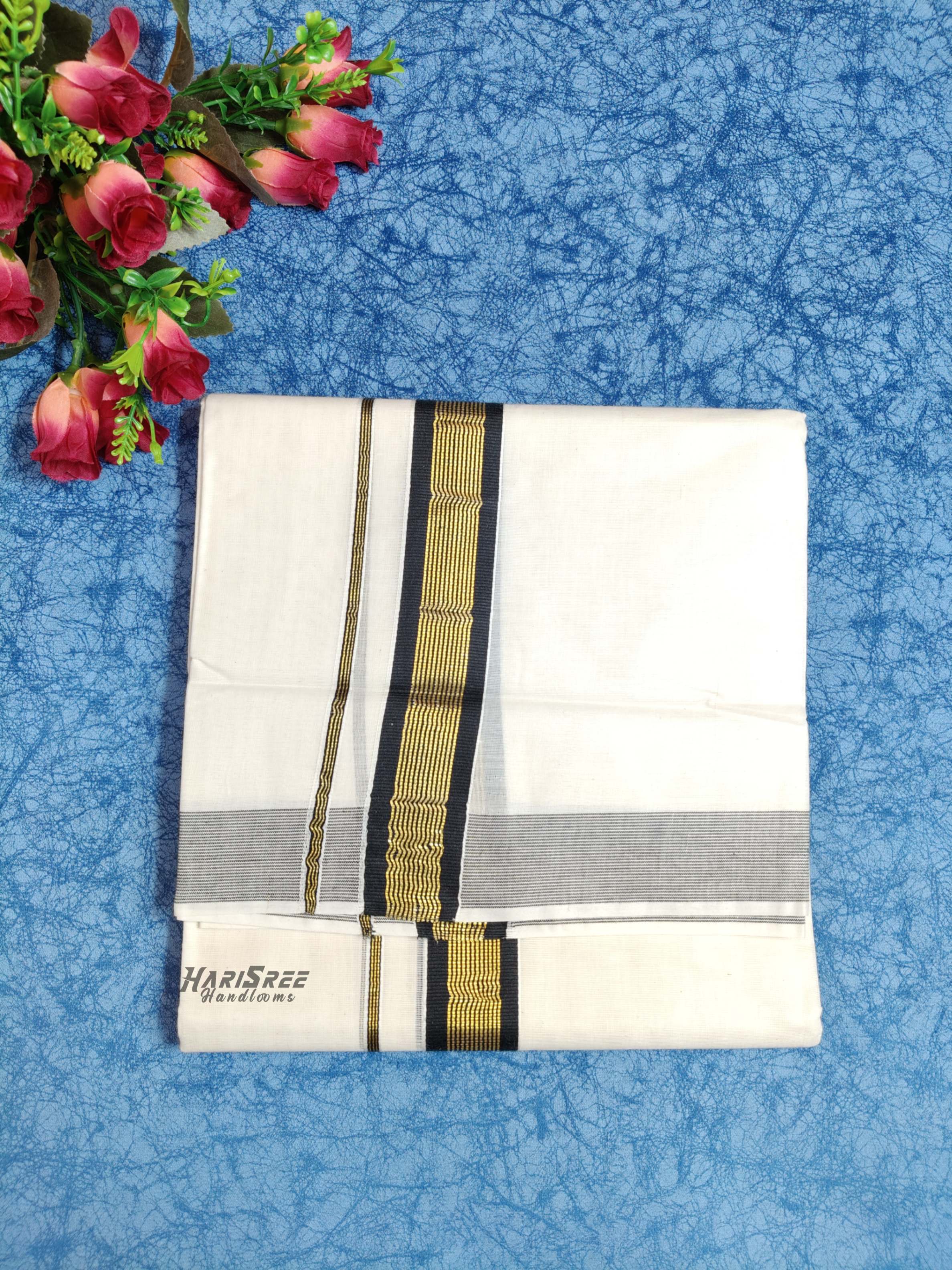 Cotton 1*1/2 Inch Black Colour & Gold Kasavu Kara Double Mundu - VK107