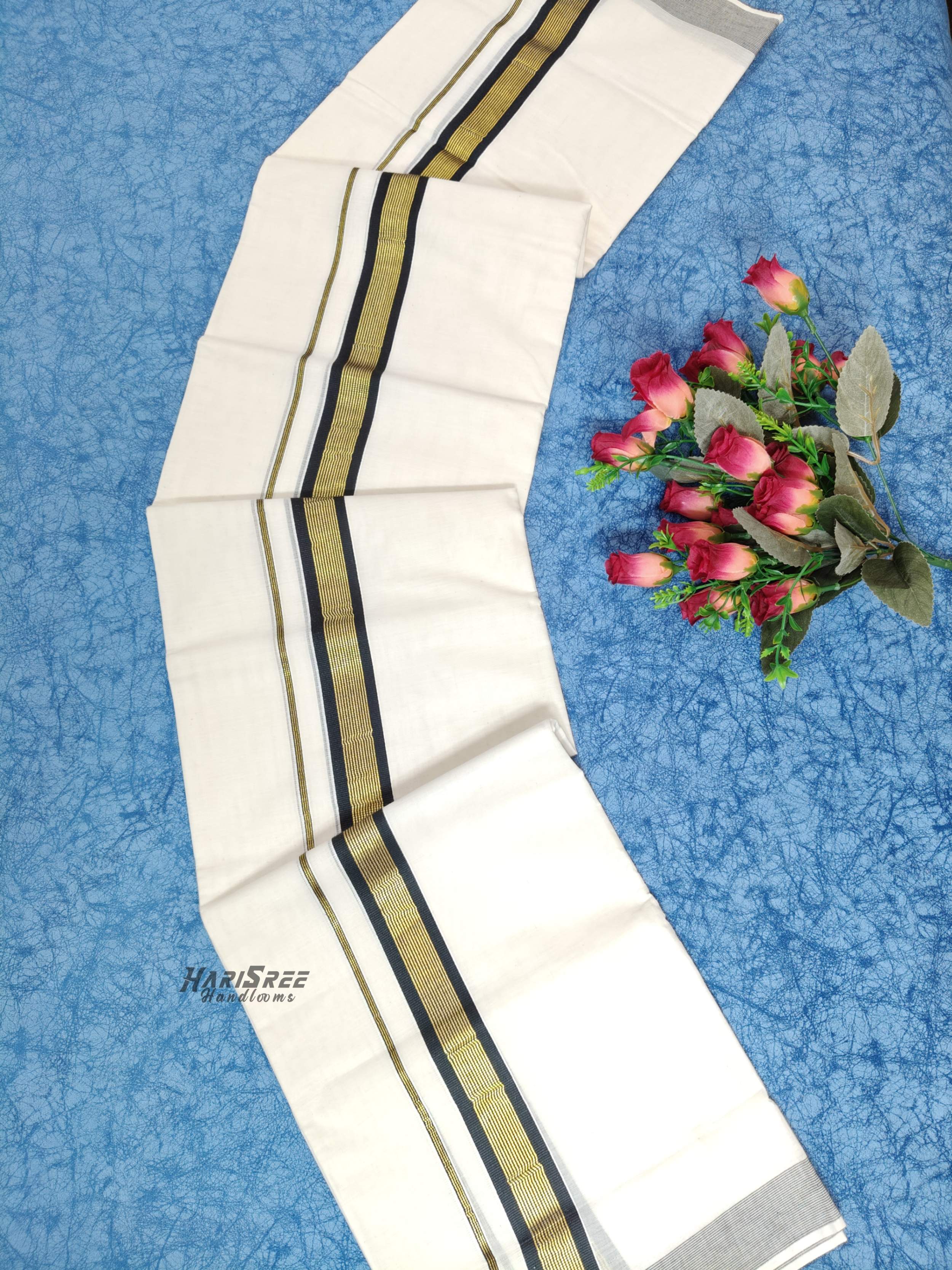 Cotton 1*1/2 Inch Black Colour & Gold Kasavu Kara Double Mundu - VK107 - Image 3