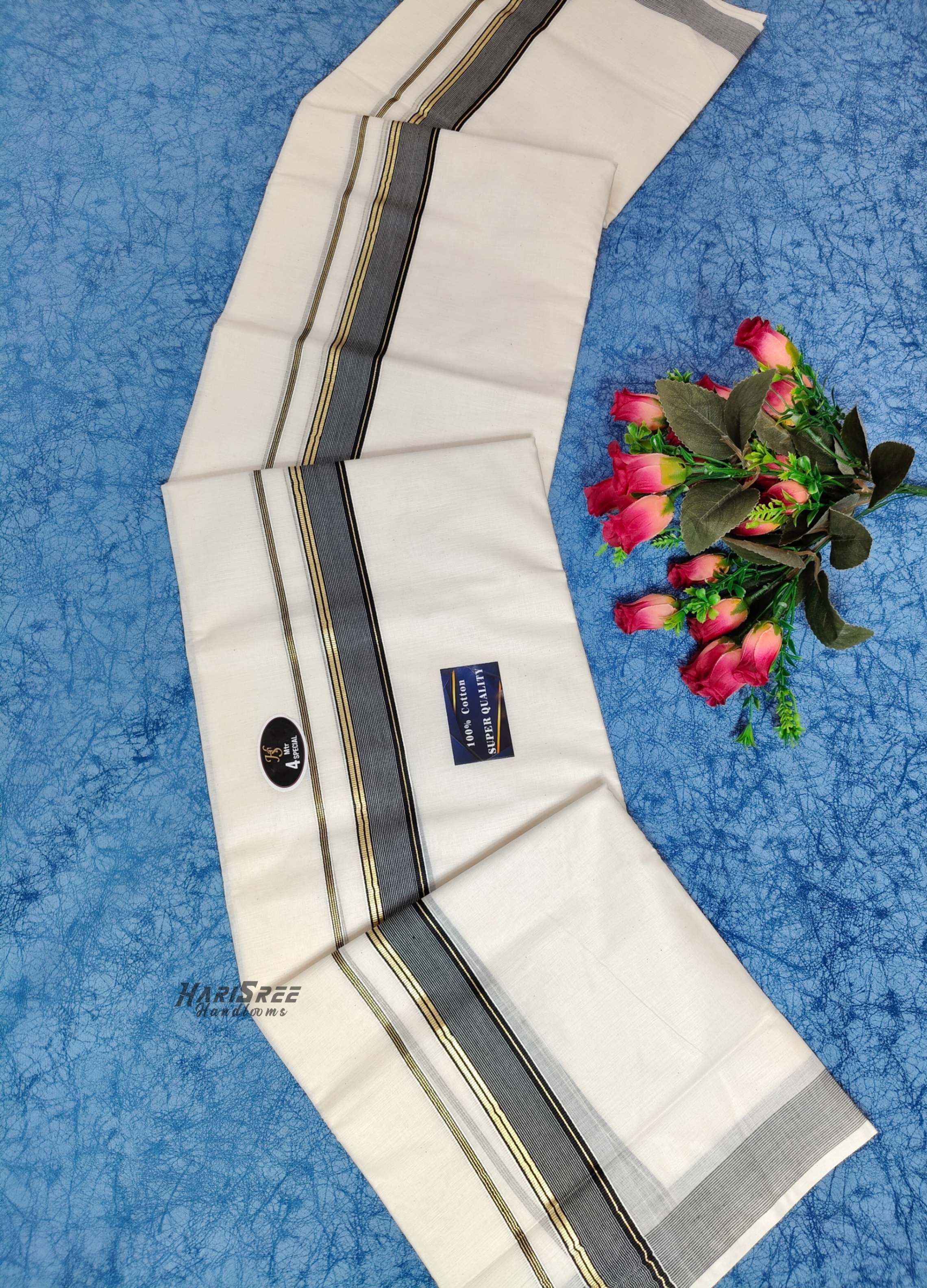 Cotton 1*1/2 Inch Black Colour & Gold Kasavu Fancy Kara Double Mundu - VK108