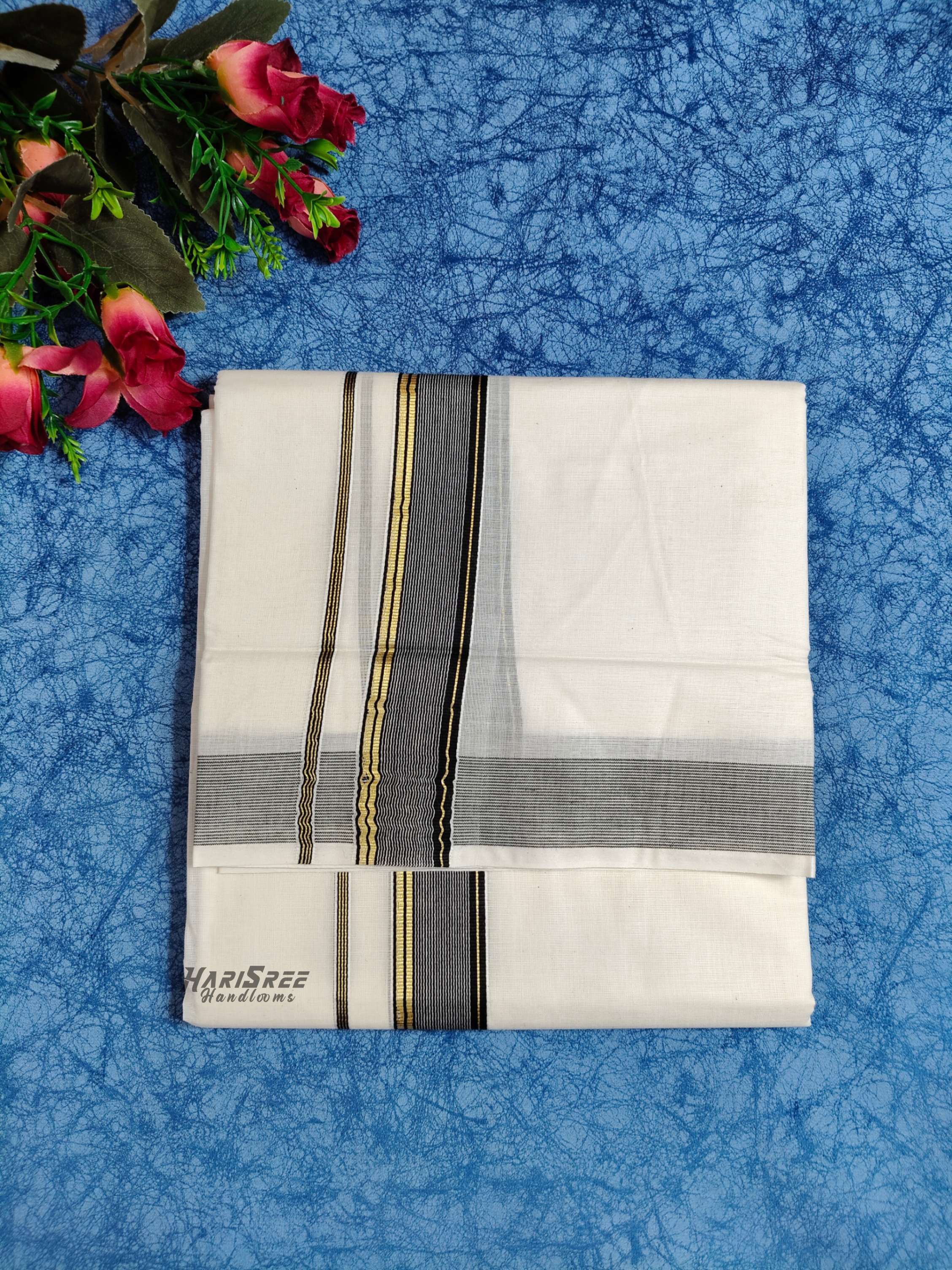 Cotton 1*1/2 Inch Black Colour & Gold Kasavu Fancy Kara Double Mundu - VK108 - Image 2