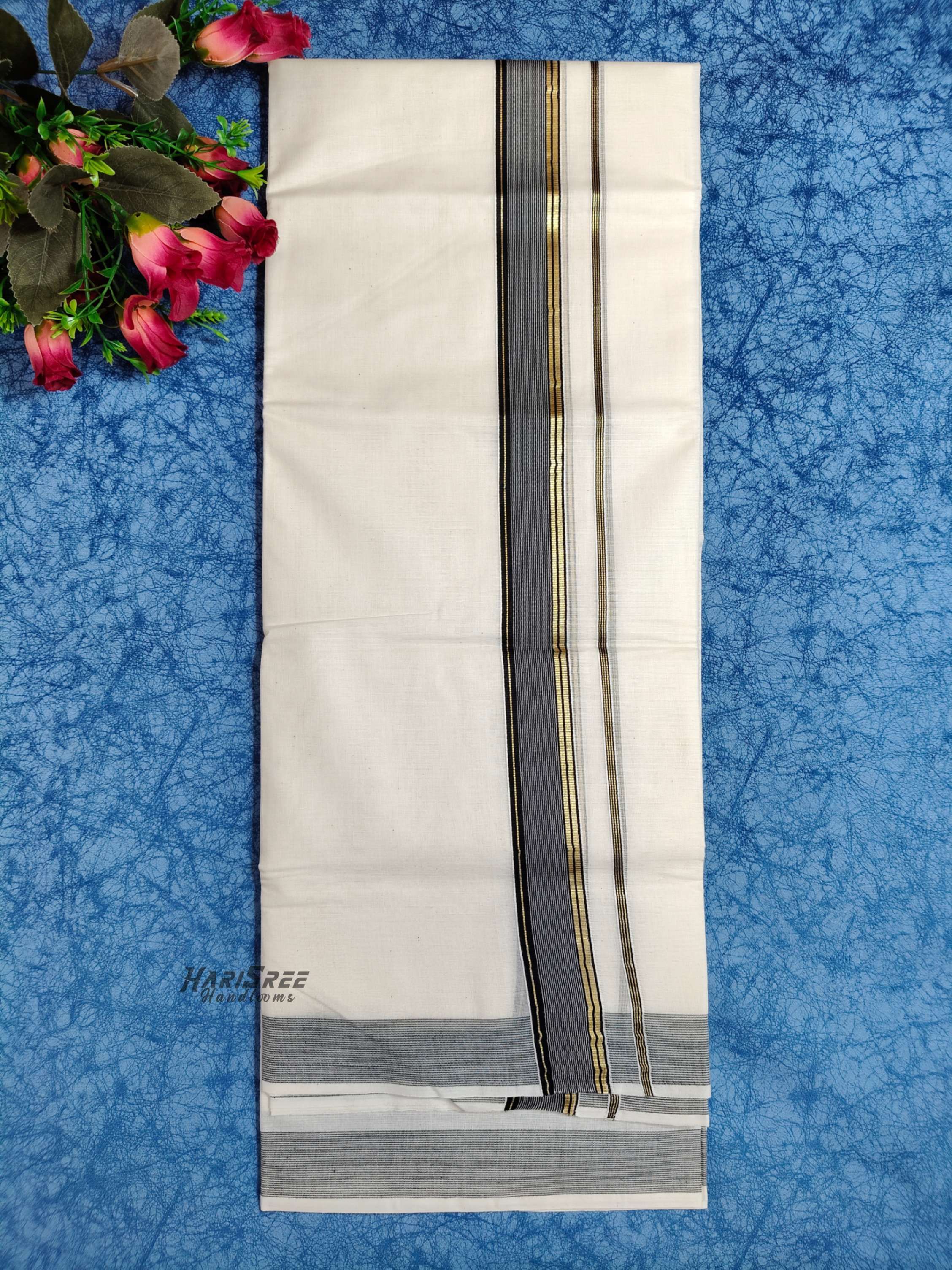 Cotton 1*1/2 Inch Black Colour & Gold Kasavu Fancy Kara Double Mundu - VK108 - Image 3