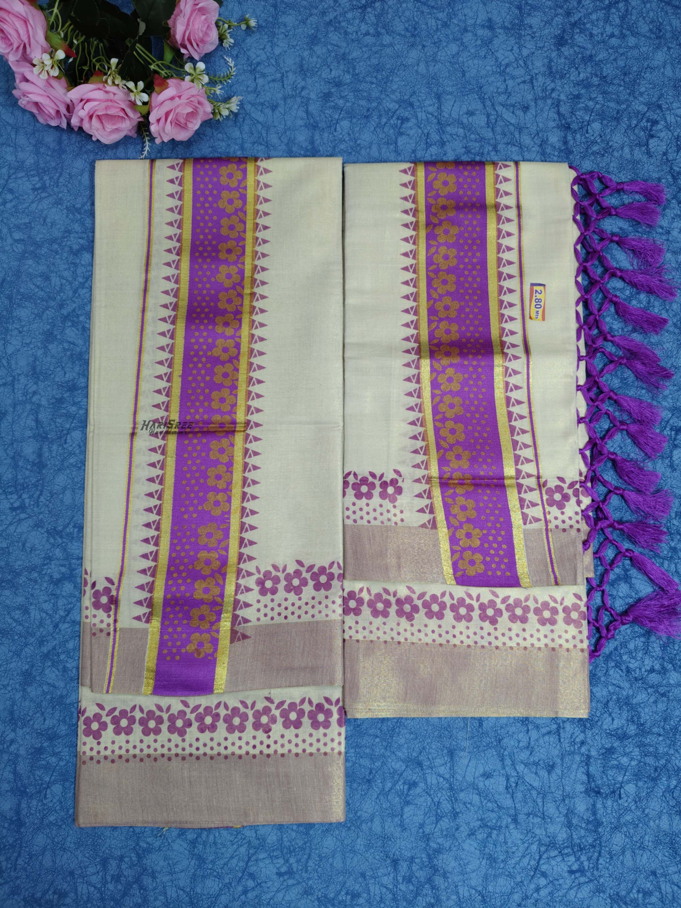 Tissue Purple Colour Set Mundu Flower Design Printed With Kunjalam - HS2008 - Image 2