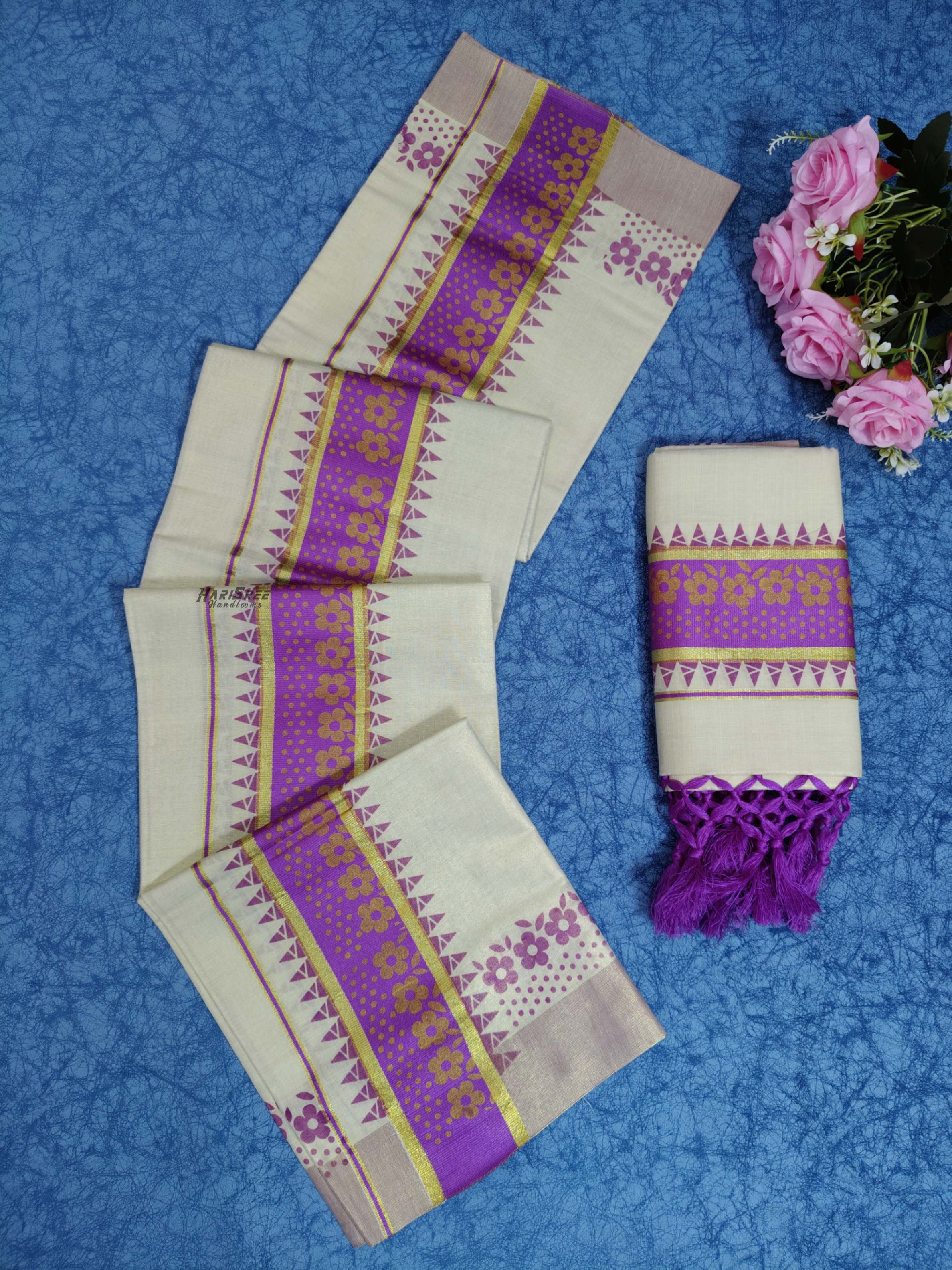 Tissue Purple Colour Set Mundu Flower Design Printed With Kunjalam - HS2008 - Image 3