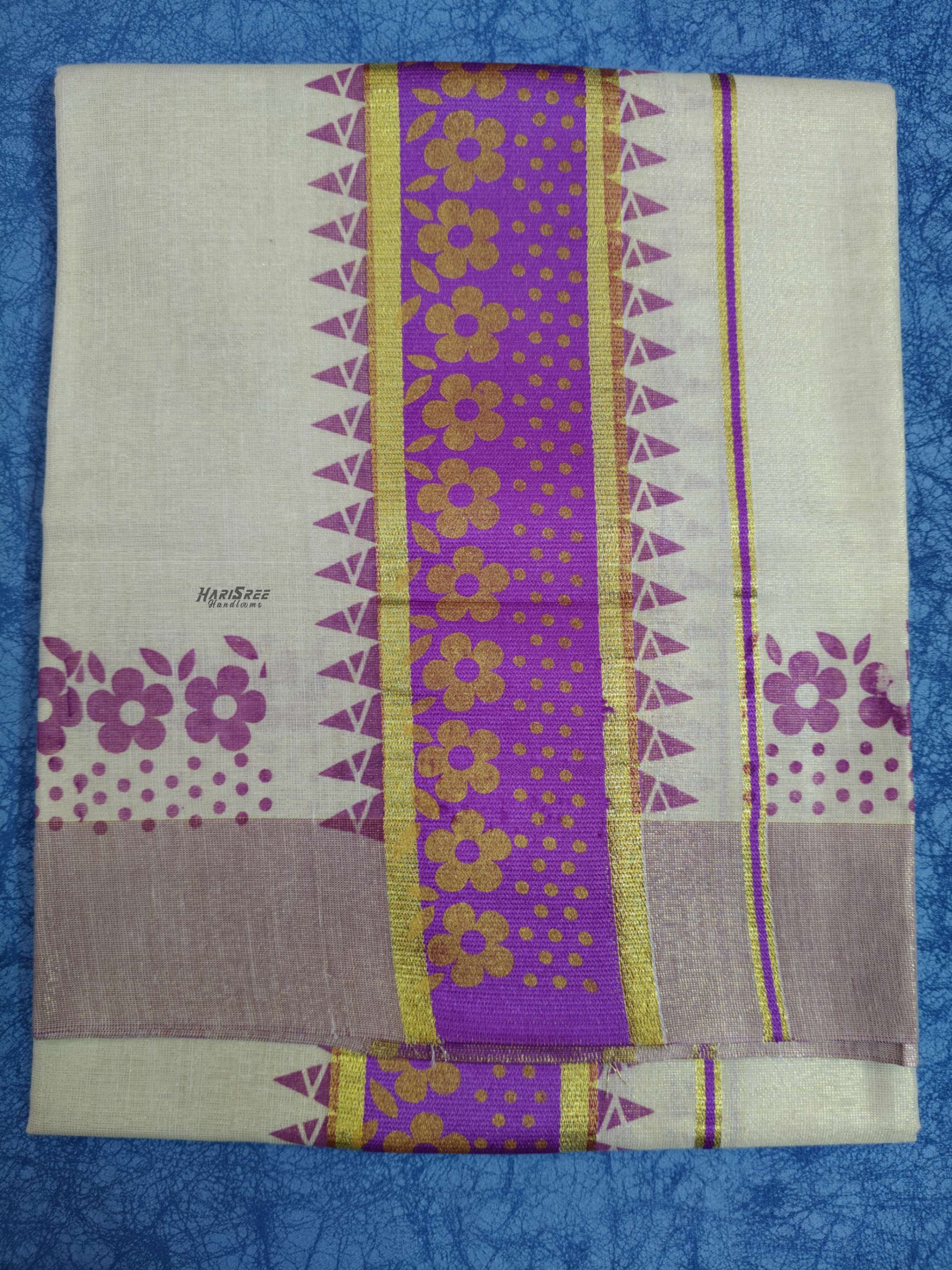 Tissue Purple Colour Set Mundu Flower Design Printed With Kunjalam - HS2008 - Image 4