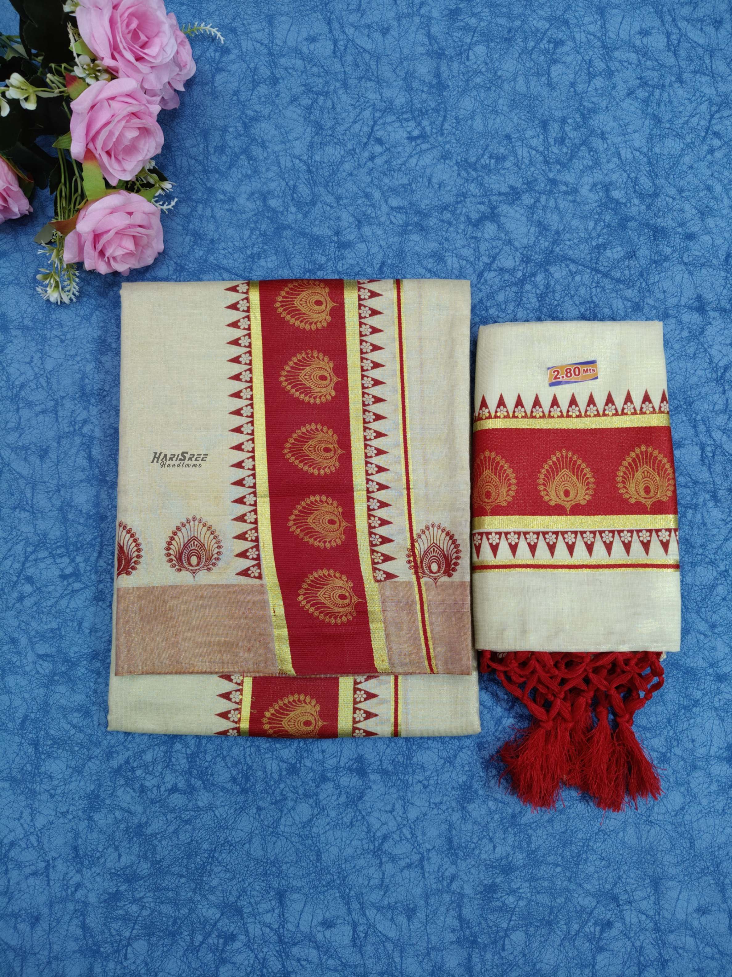 Tissue Maroon Colour Set Mundu Flower Design Printed With Kunjalam - HS2009