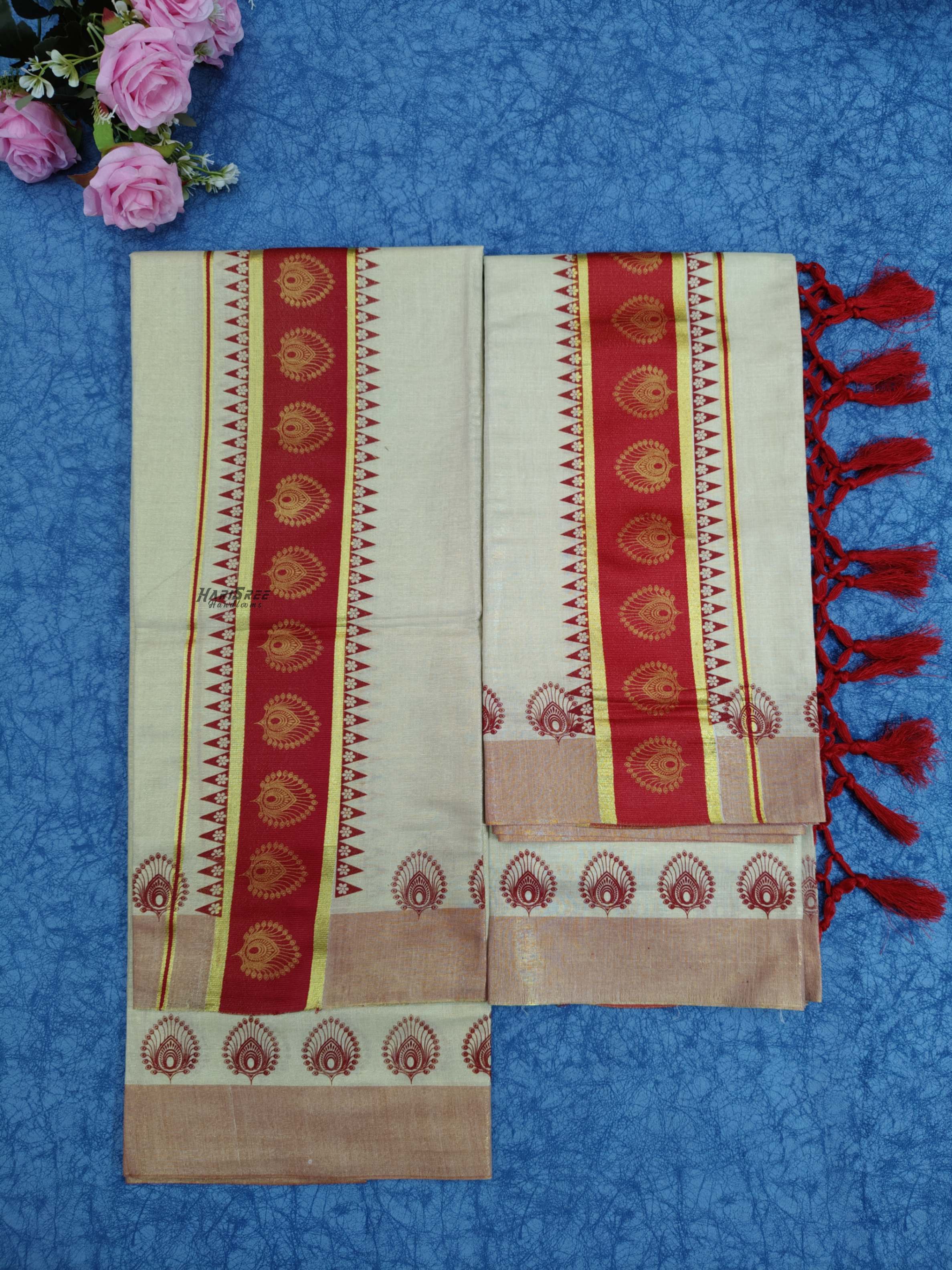 Tissue Maroon Colour Set Mundu Flower Design Printed With Kunjalam - HS2009 - Image 2