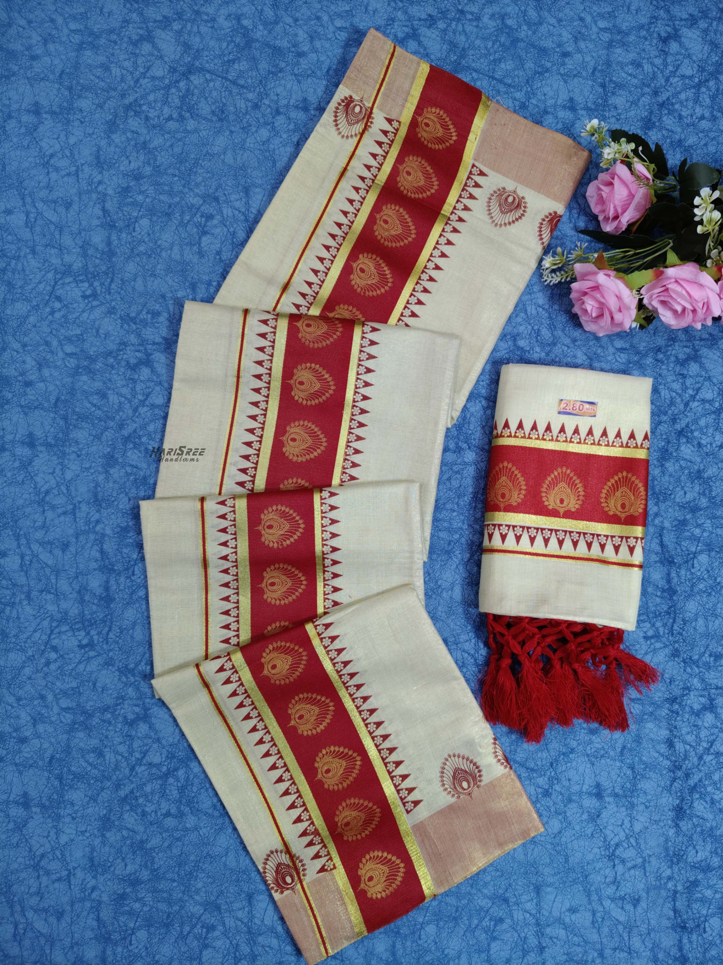 Tissue Maroon Colour Set Mundu Flower Design Printed With Kunjalam - HS2009 - Image 3