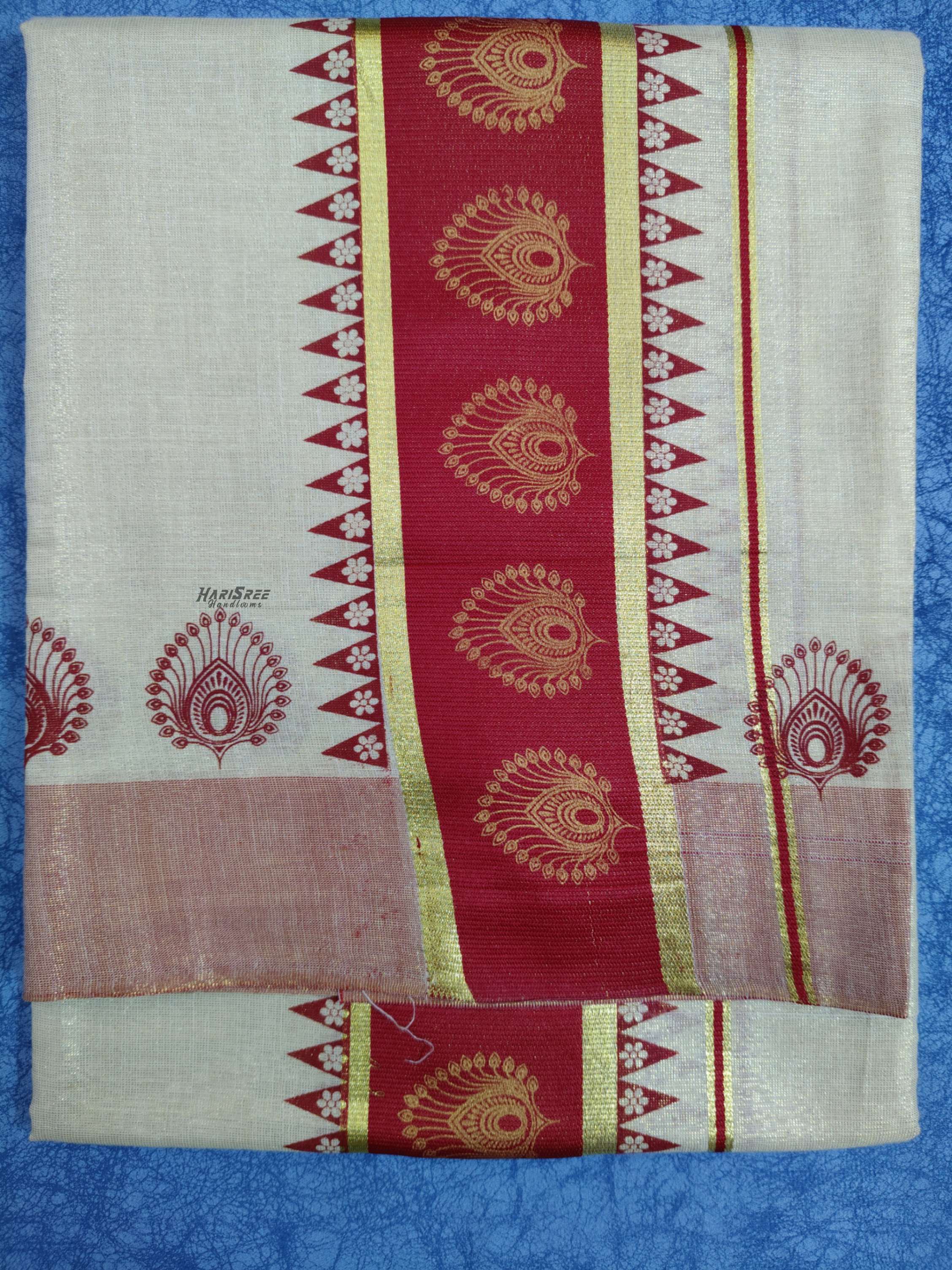 Tissue Maroon Colour Set Mundu Flower Design Printed With Kunjalam - HS2009 - Image 4