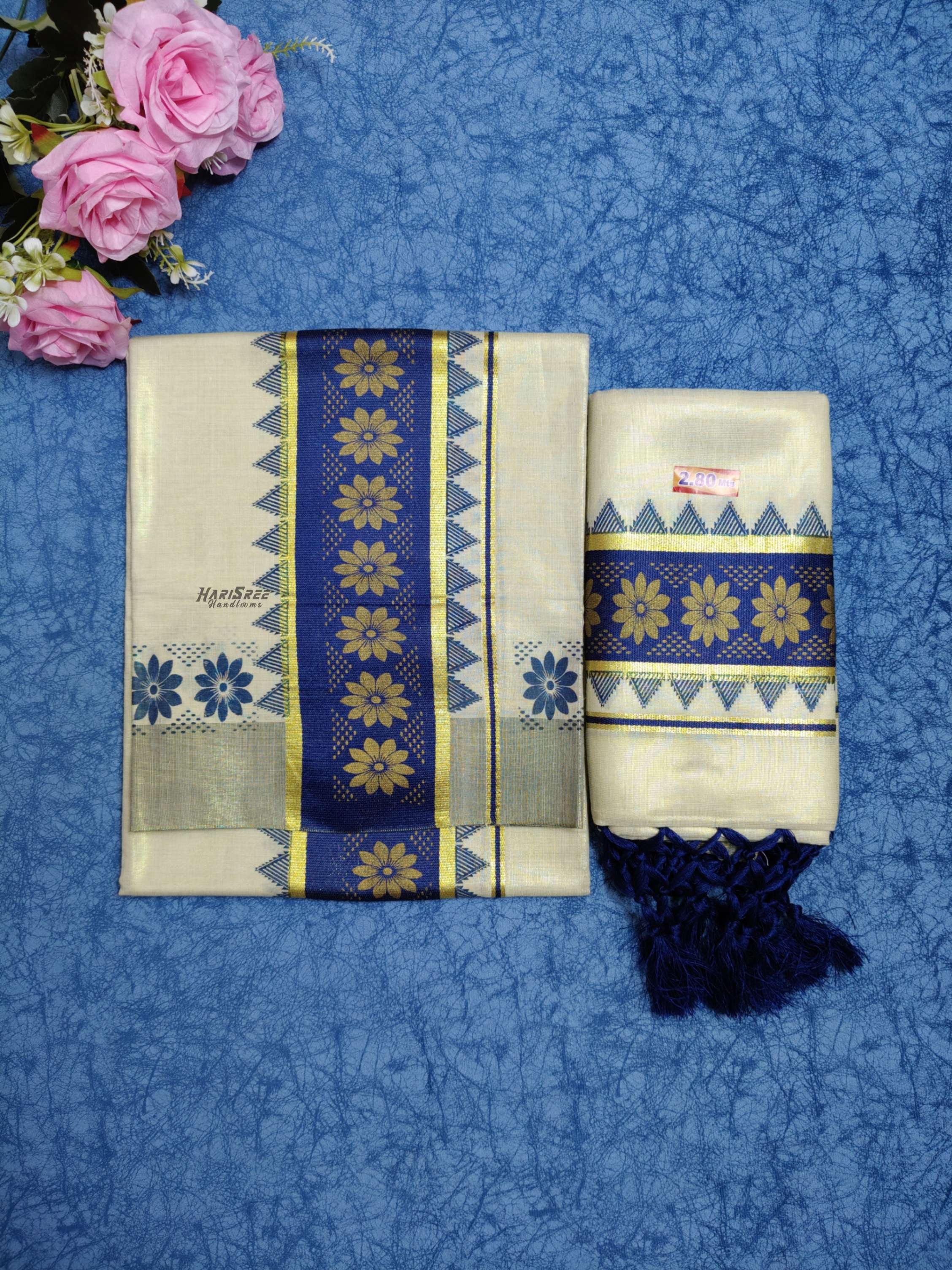 Tissue Navy blue Colour Set Mundu Flower Design Printed With Kunjalam - HS2010