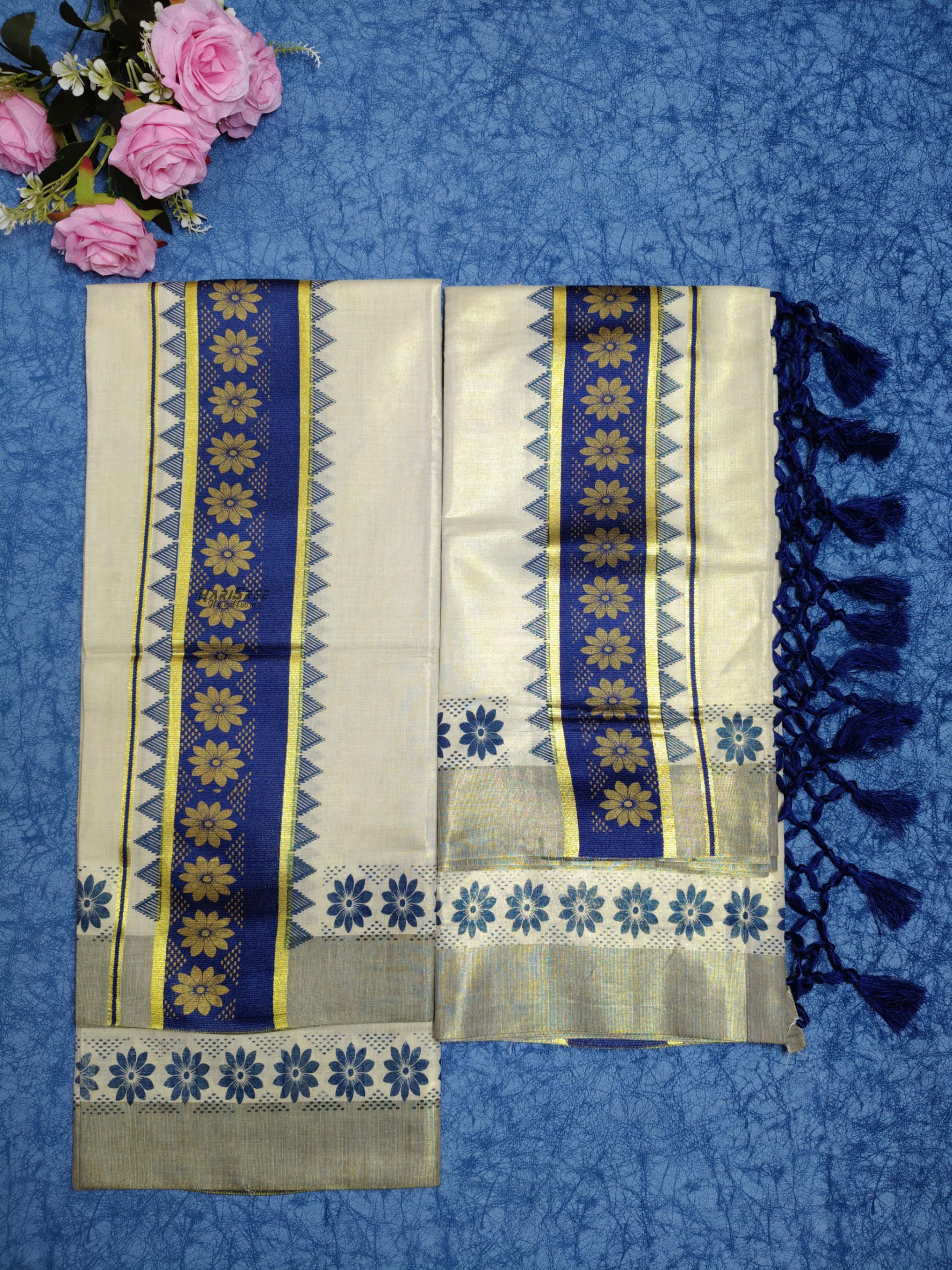 Tissue Navy blue Colour Set Mundu Flower Design Printed With Kunjalam - HS2010 - Image 2
