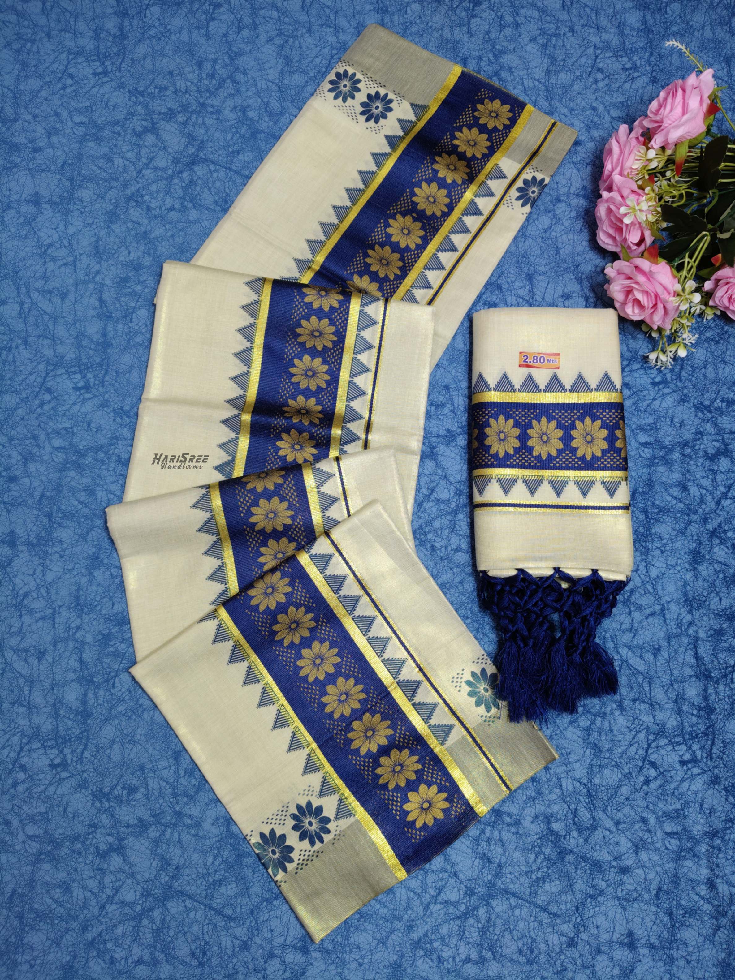 Tissue Navy blue Colour Set Mundu Flower Design Printed With Kunjalam - HS2010 - Image 3