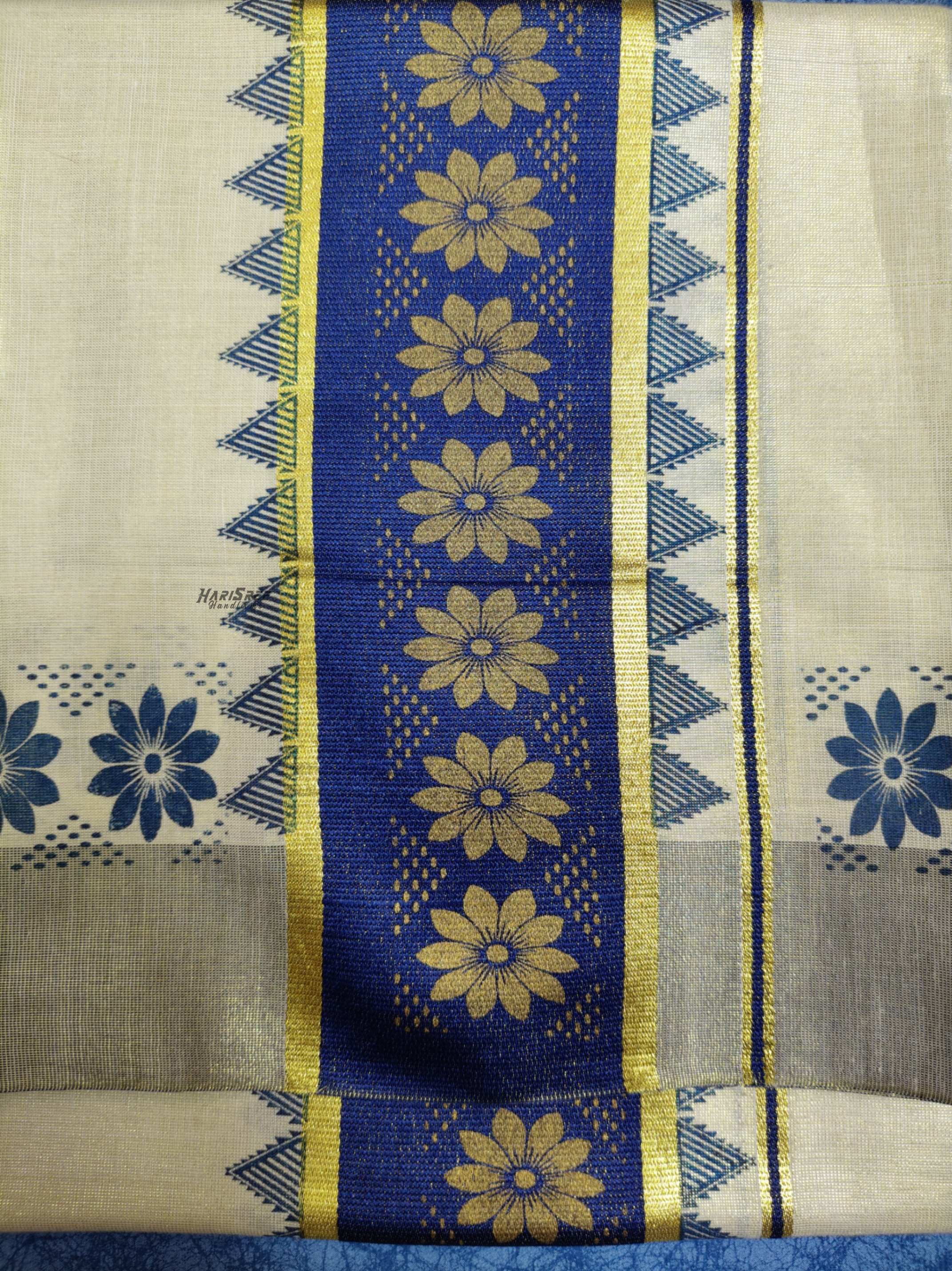 Tissue Navy blue Colour Set Mundu Flower Design Printed With Kunjalam - HS2010 - Image 4