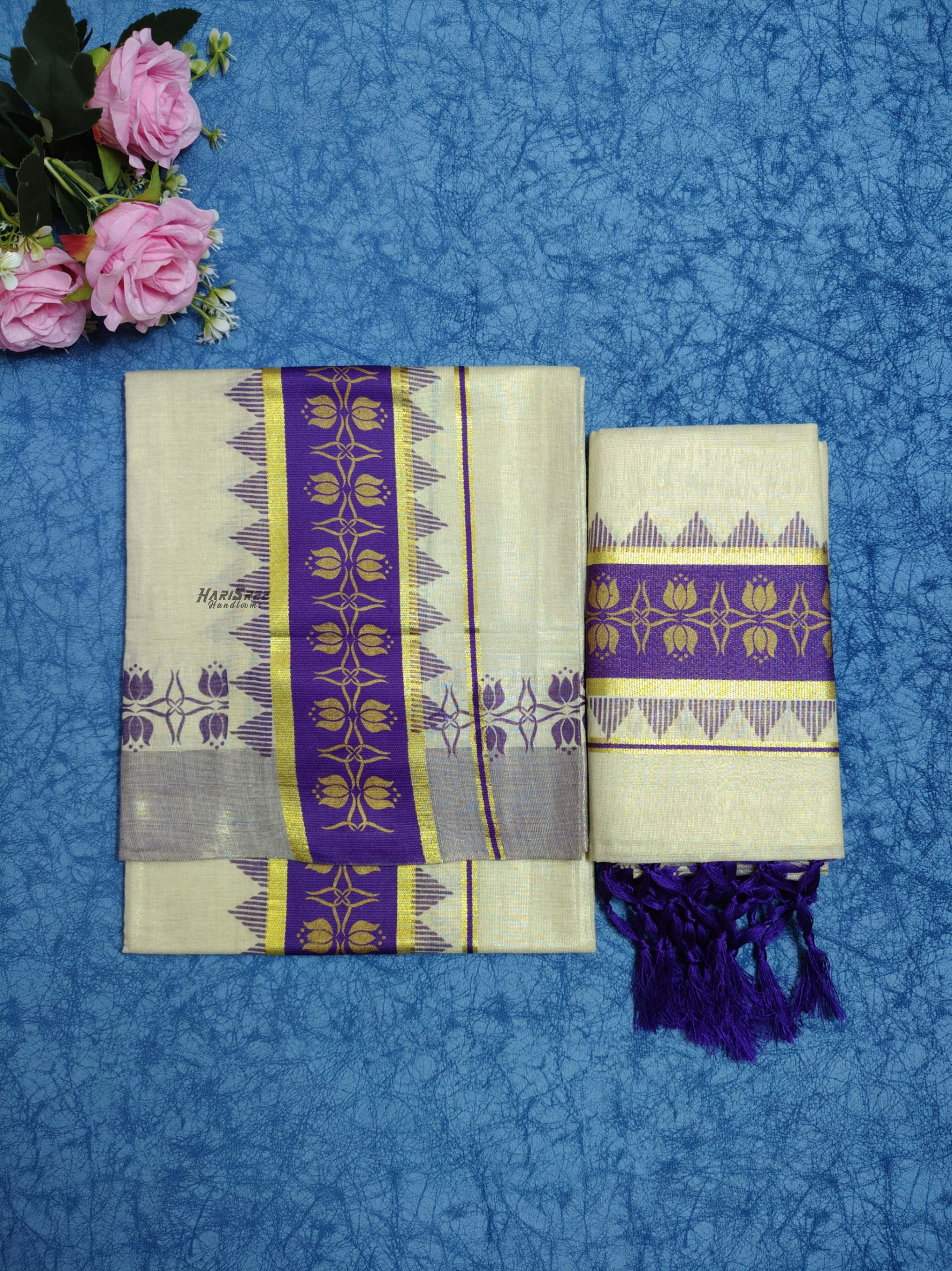 Tissue Royal Blue Colour Set Mundu Flower Design Printed With Kunjalam - HS2011