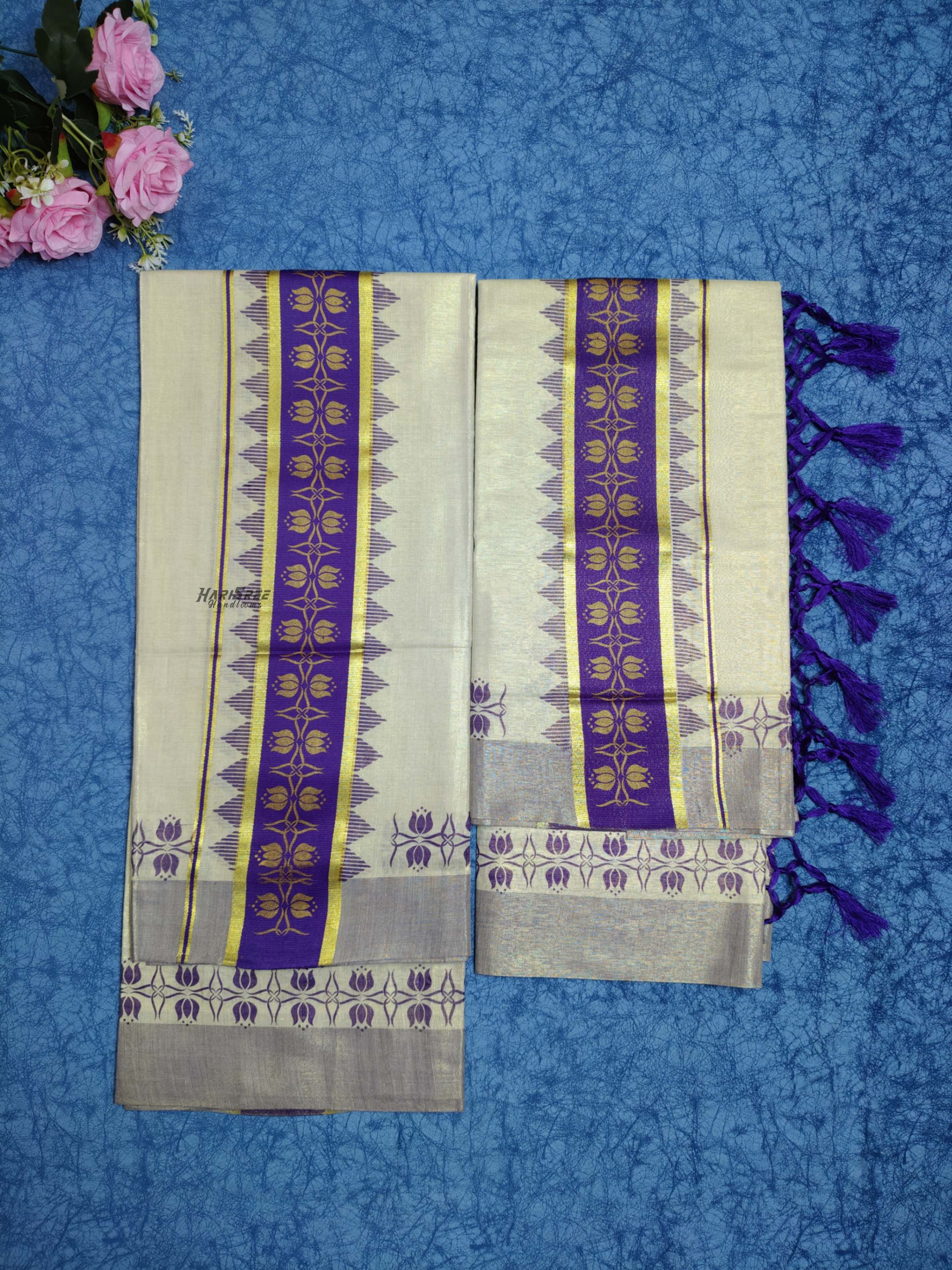 Tissue Royal Blue Colour Set Mundu Flower Design Printed With Kunjalam - HS2011 - Image 2