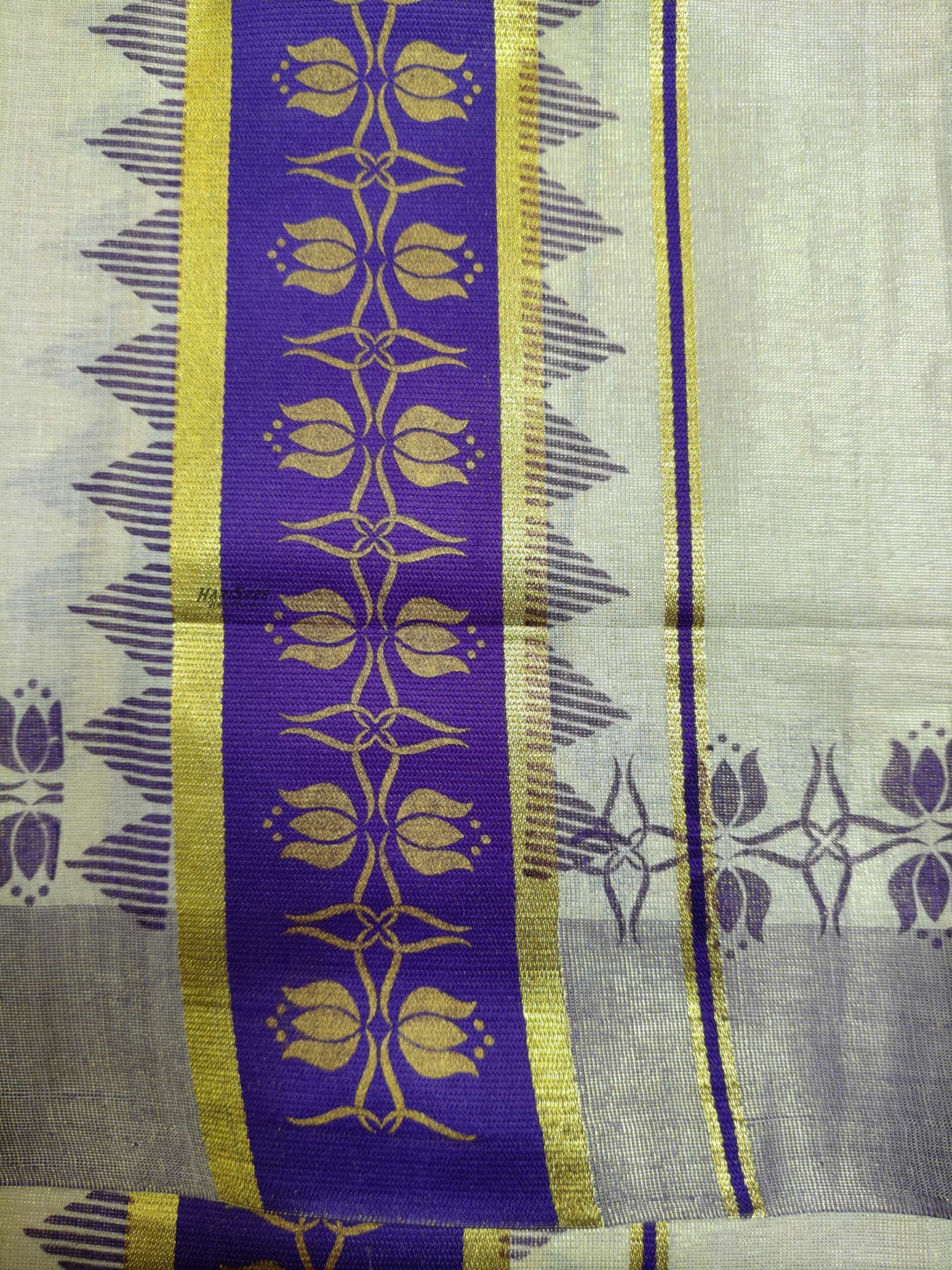 Tissue Royal Blue Colour Set Mundu Flower Design Printed With Kunjalam - HS2011 - Image 4