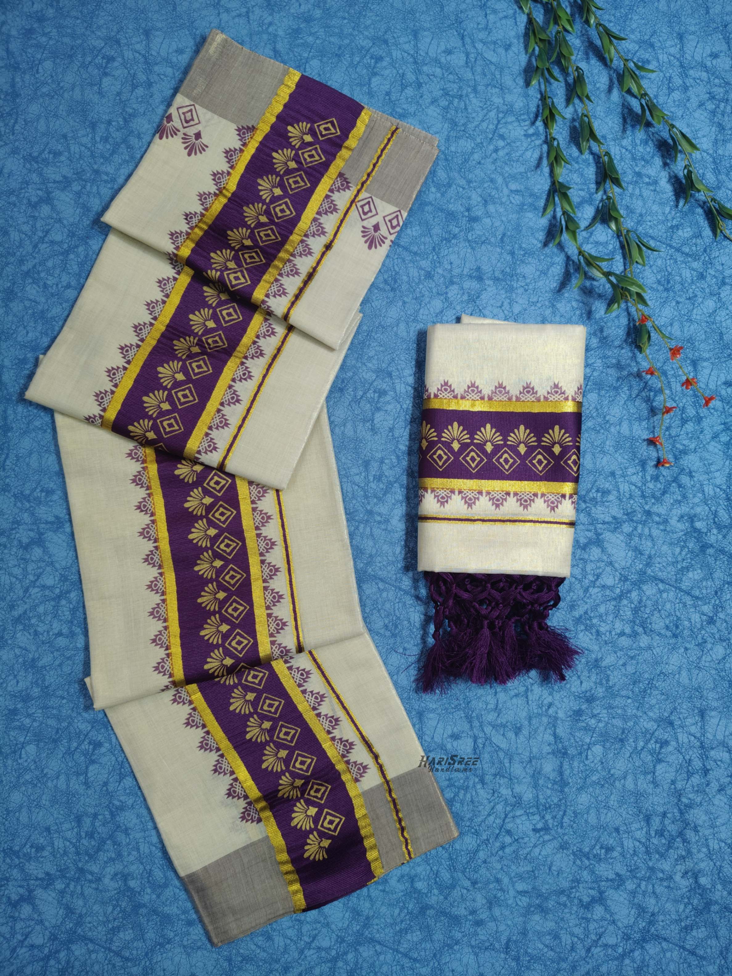 Tissue Dark Purple Colour Set Mundu Flower Design Printed With Kunjalam - HS2012 - Image 3