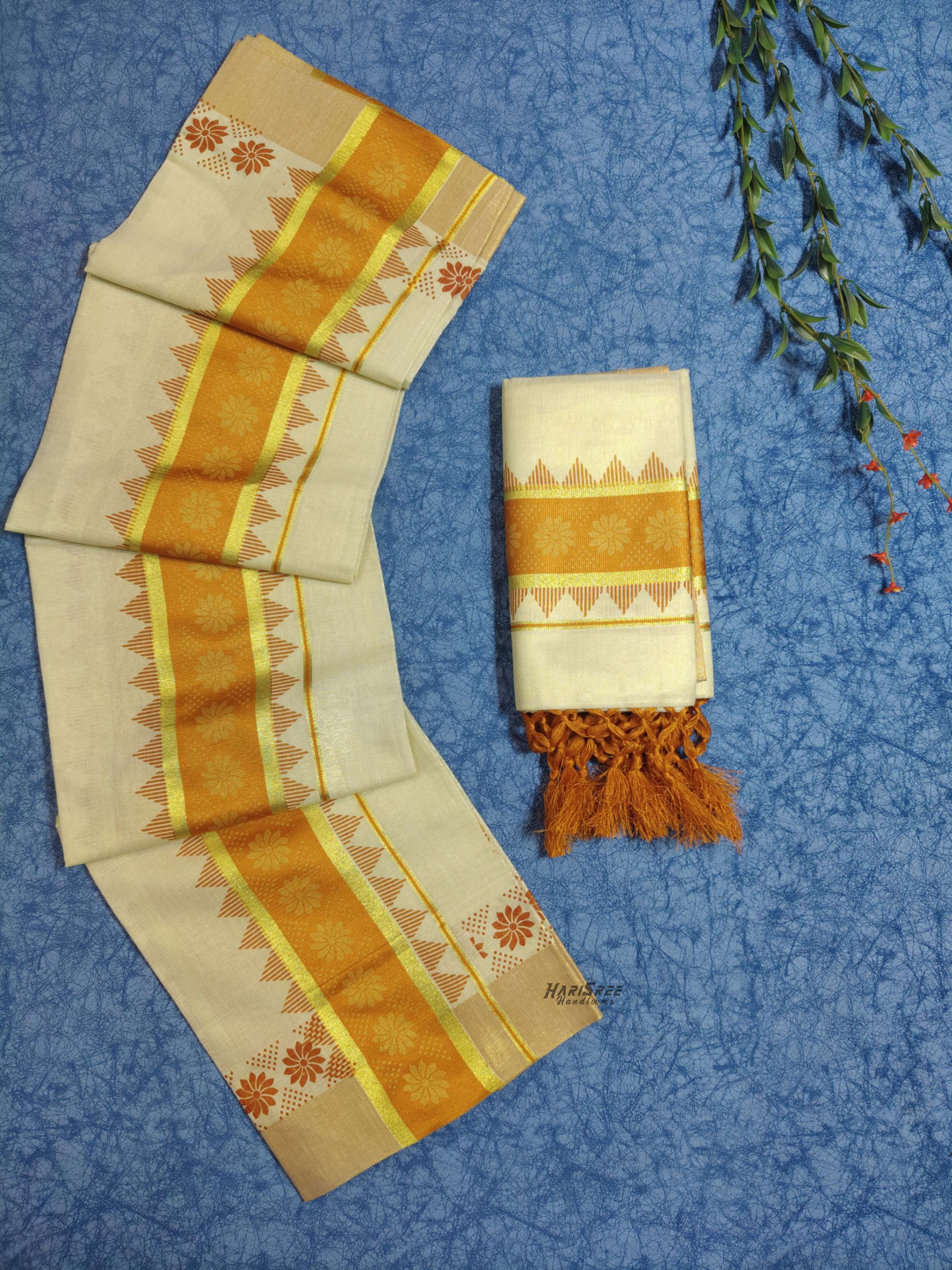 Tissue dark yellow Colour Set Mundu Flower Design Printed With Kunjalam - HS2013