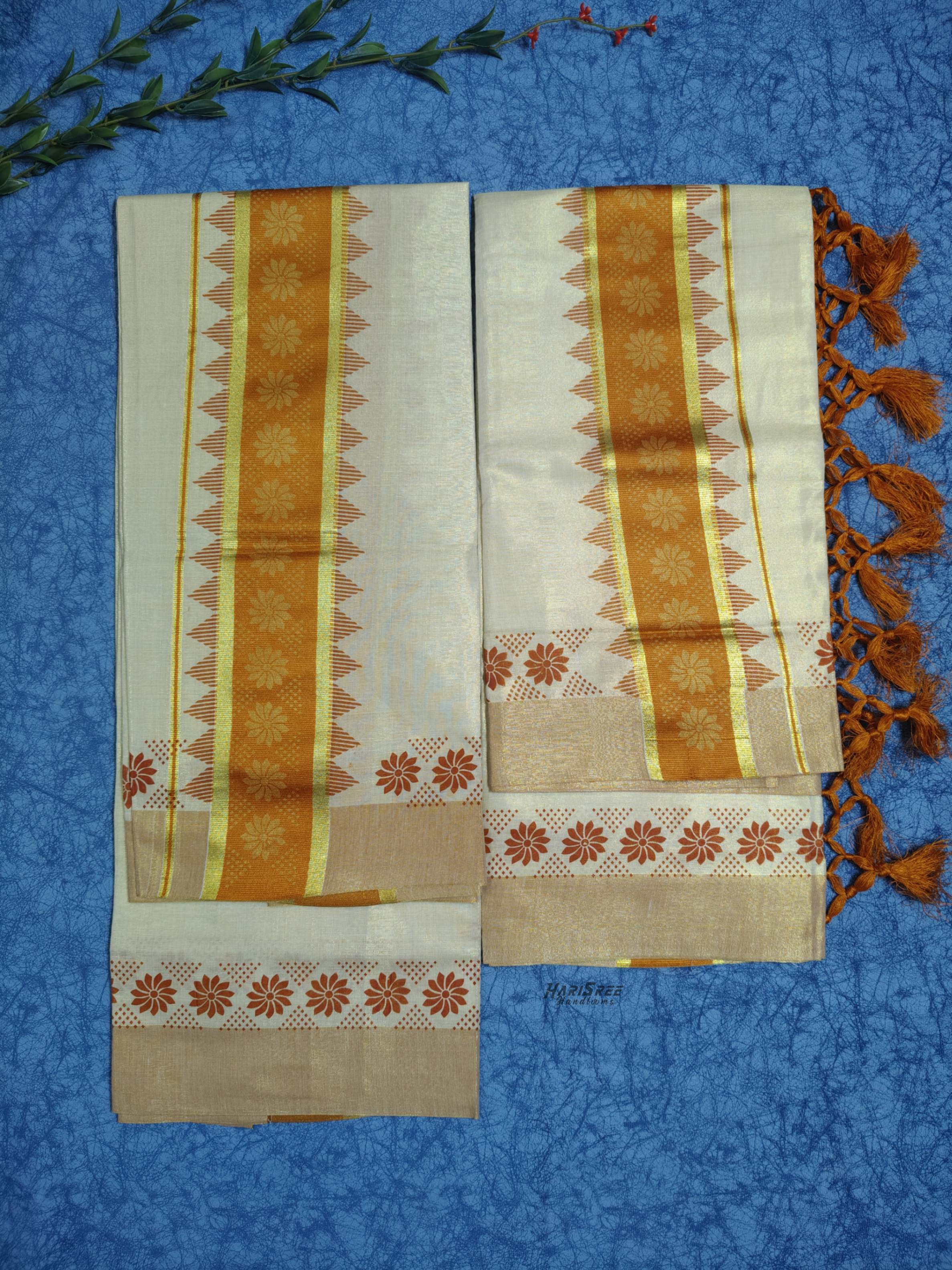 Tissue dark yellow Colour Set Mundu Flower Design Printed With Kunjalam - HS2013 - Image 2