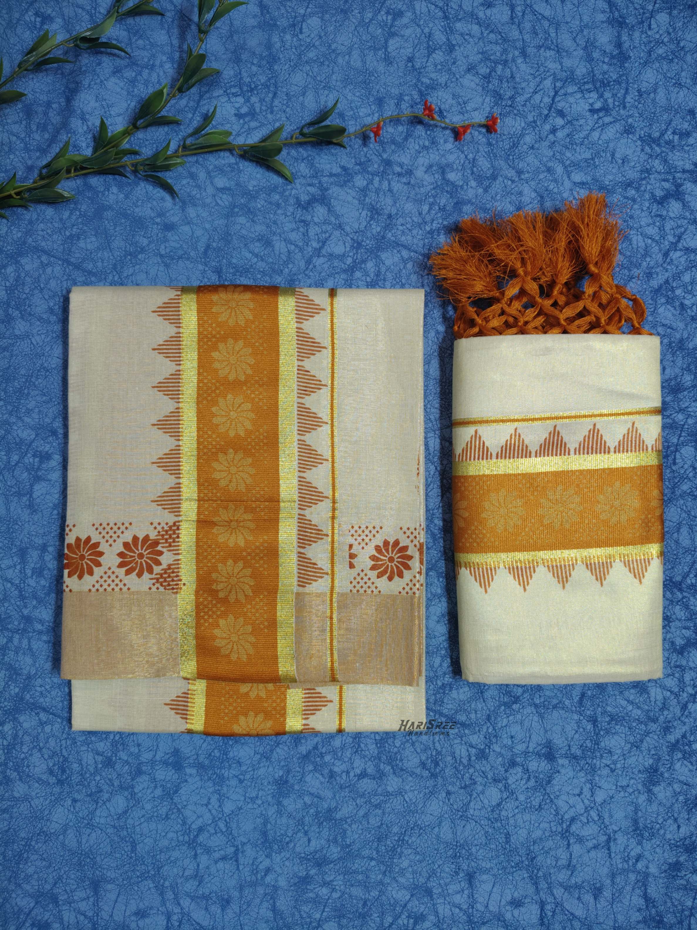 Tissue dark yellow Colour Set Mundu Flower Design Printed With Kunjalam - HS2013 - Image 3