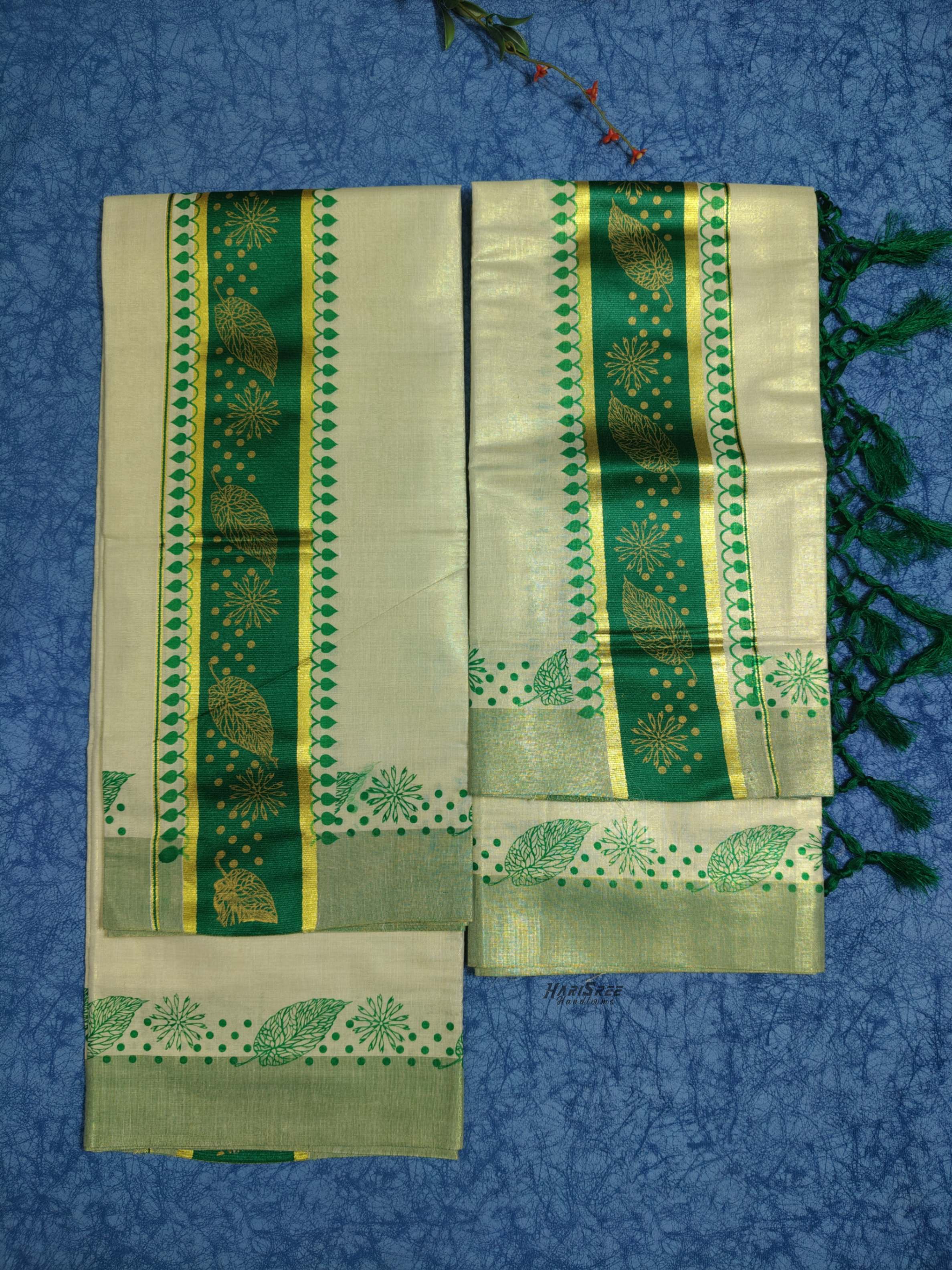 Tissue Green Colour Set Mundu Flower Design Printed With Kunjalam - HS2014 - Image 2