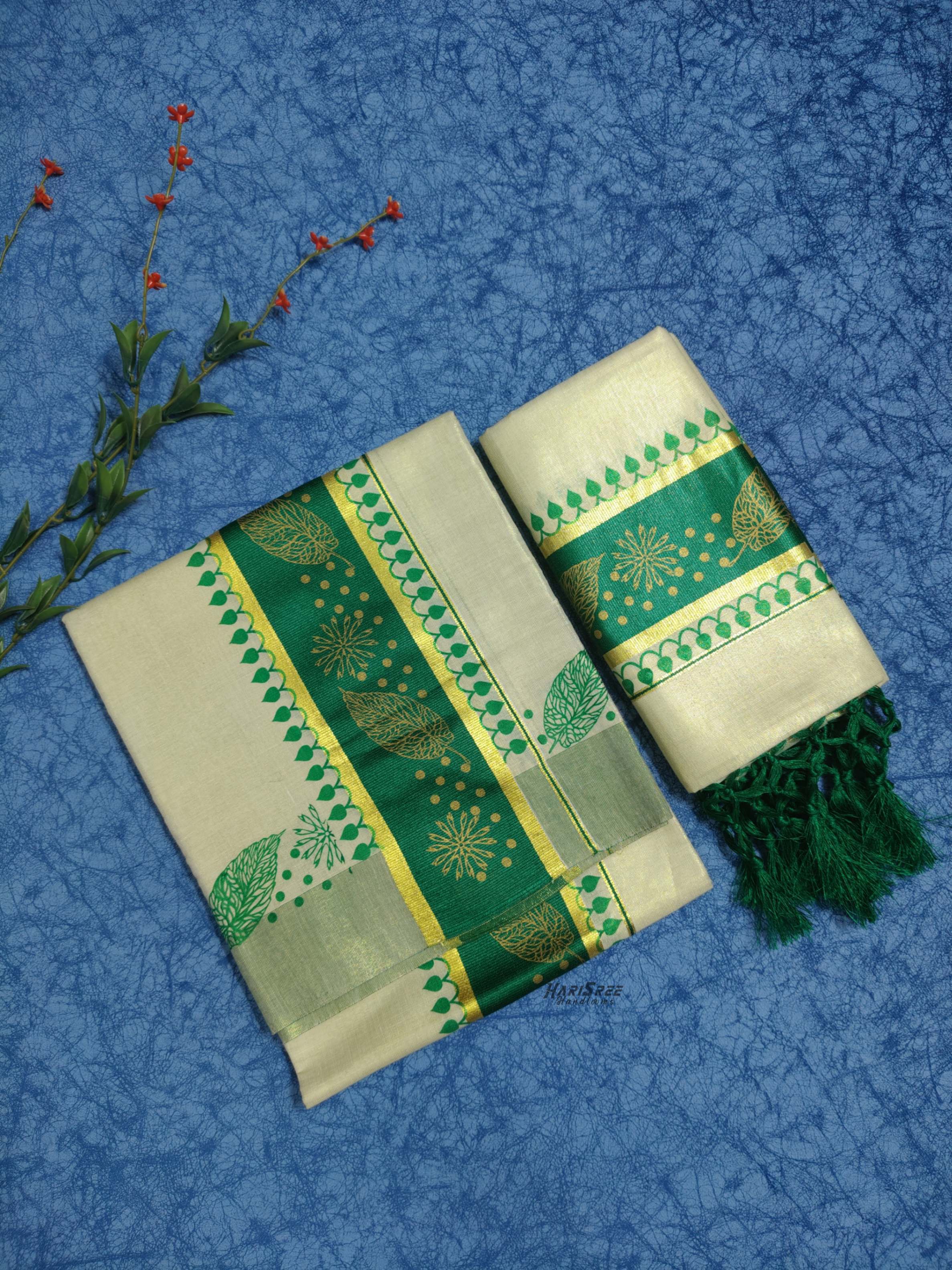 Tissue Green Colour Set Mundu Flower Design Printed With Kunjalam - HS2014 - Image 3