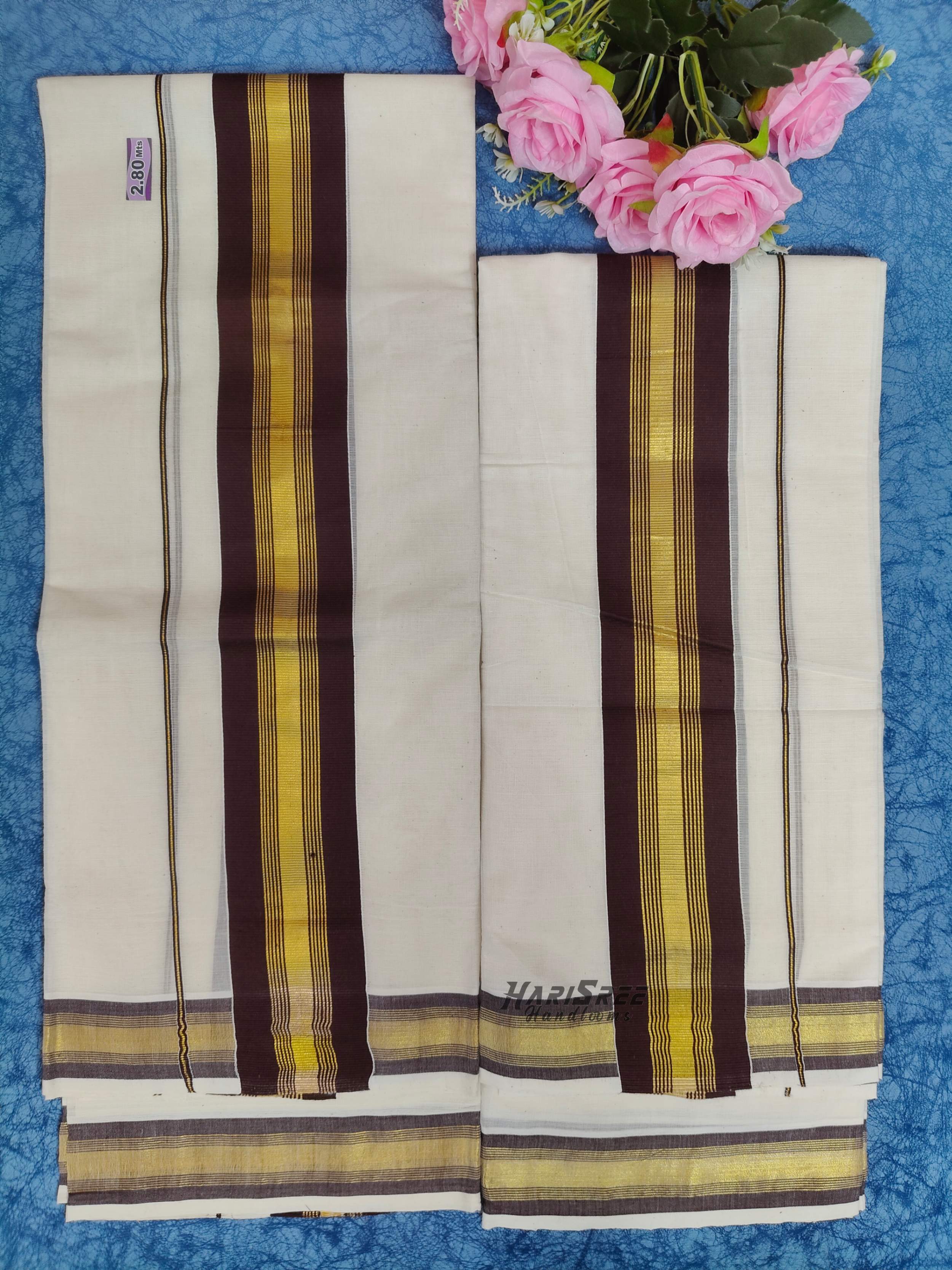 2x3 Coffee Brown Color & Kasavu Fancy Set Mundu - PMH103 - Image 1