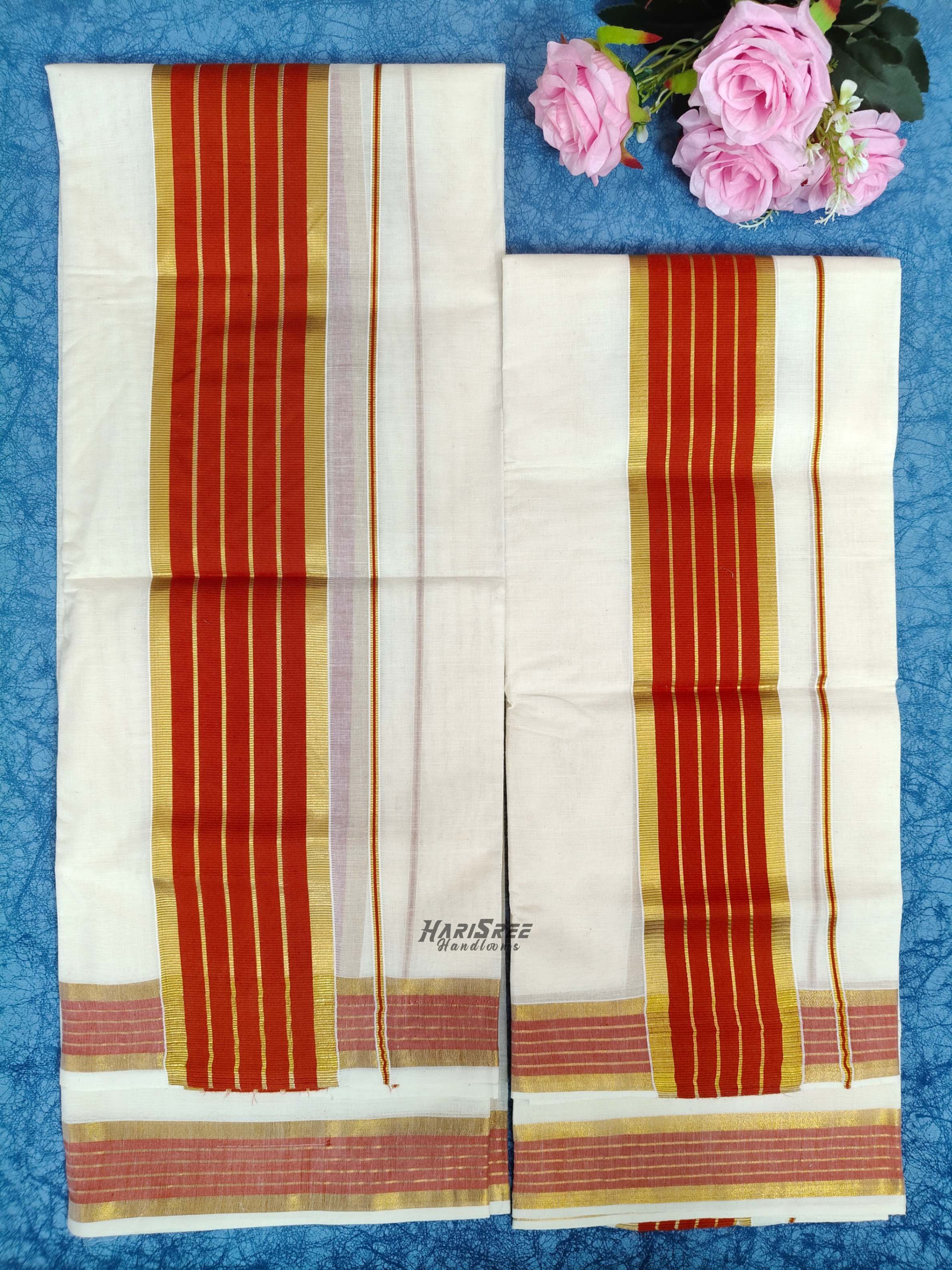 2x3 Color & Kasavu Strips Fancy Set Mundu - PMH104 - Image 1